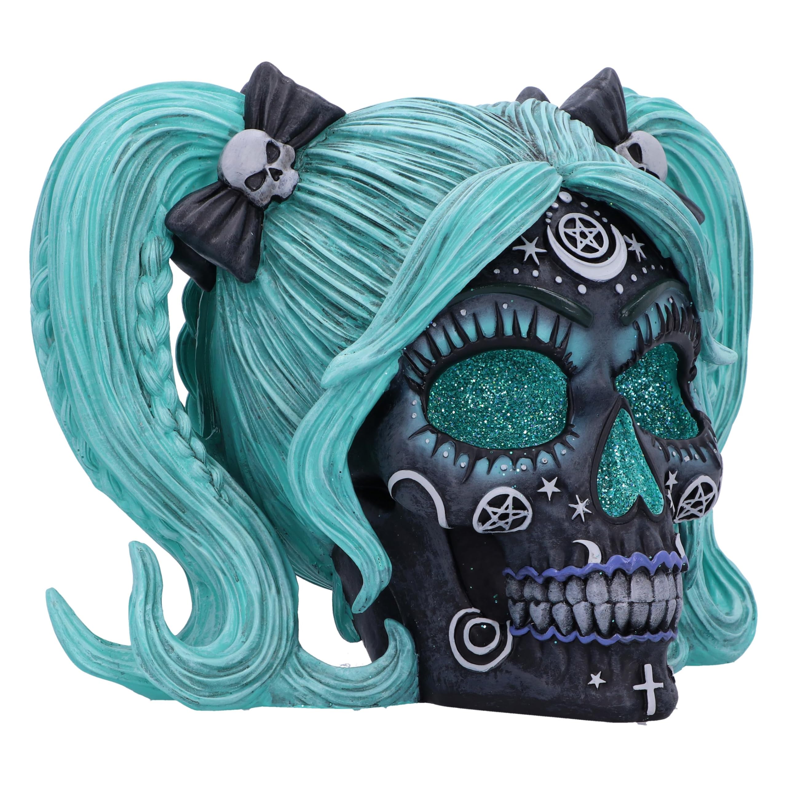 Nemesis Now Drop Dead Gorgeous Cute and Cosmic Figurine 19.5cm, Resin, Witchy Doll Skull Ornament, Female Turqoise and Black Skull with Glitter Eyes, Cast in the Finest Resin, Expertly Hand-Painted