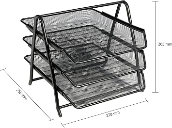 OSCO Black Wiremesh Three Tier Letter Tray | Document Storage | A4 Filing | Paper Organiser | Office Desk File Sorter | Easy Assembly | H26.5 x W27.8 x D35.5 cm |