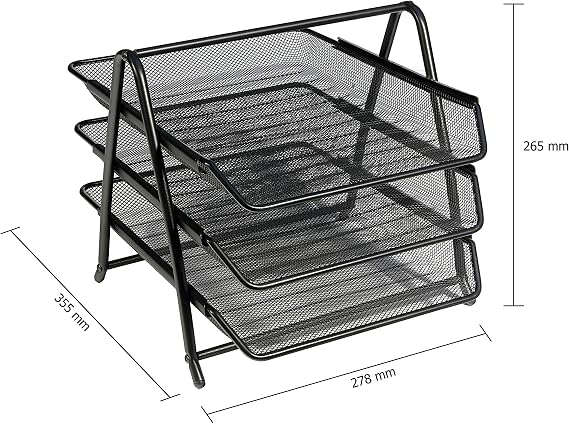 OSCO Black Wiremesh Three Tier Letter Tray | Document Storage | A4 Filing | Paper Organiser | Office Desk File Sorter | Easy Assembly | H26.5 x W27.8 x D35.5 cm |