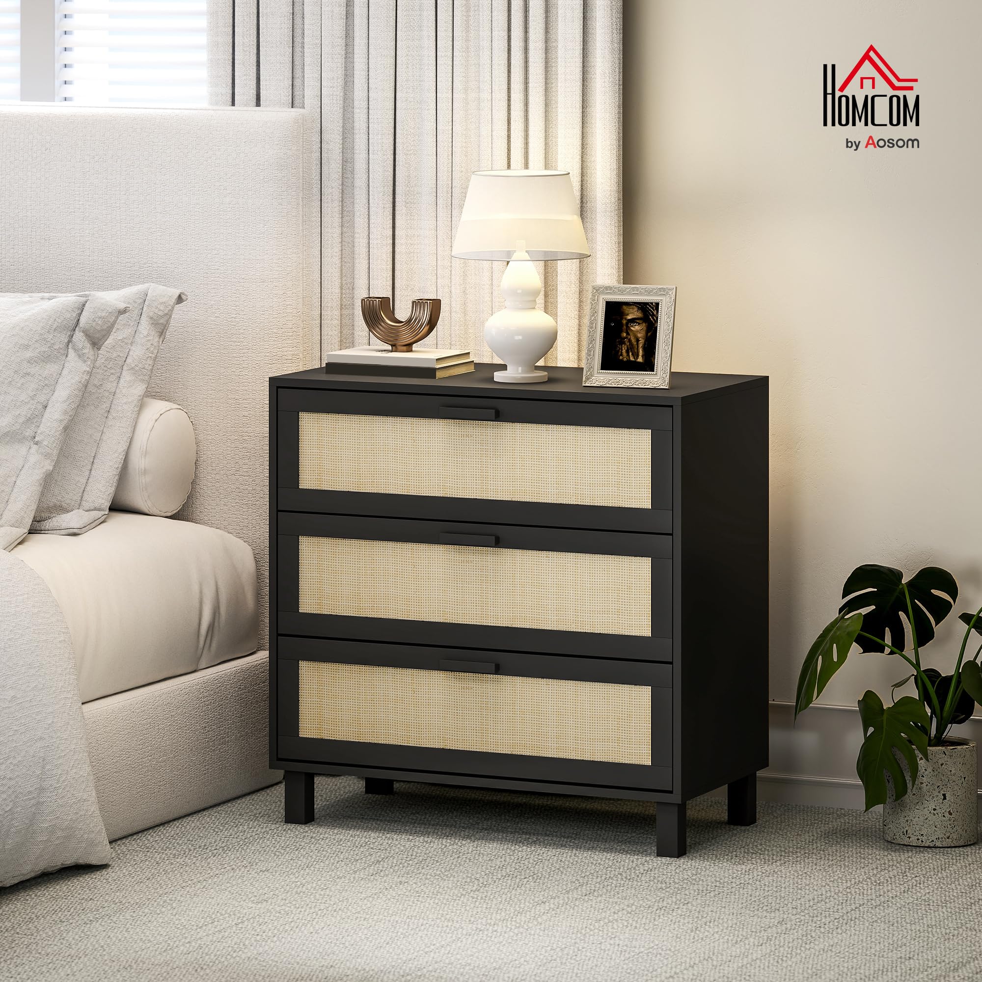 HOMCOM Commode en rotin pour Chambre à Coucher, 3 tiroirs, Commode bohème pour Salon, Couloir, Noir