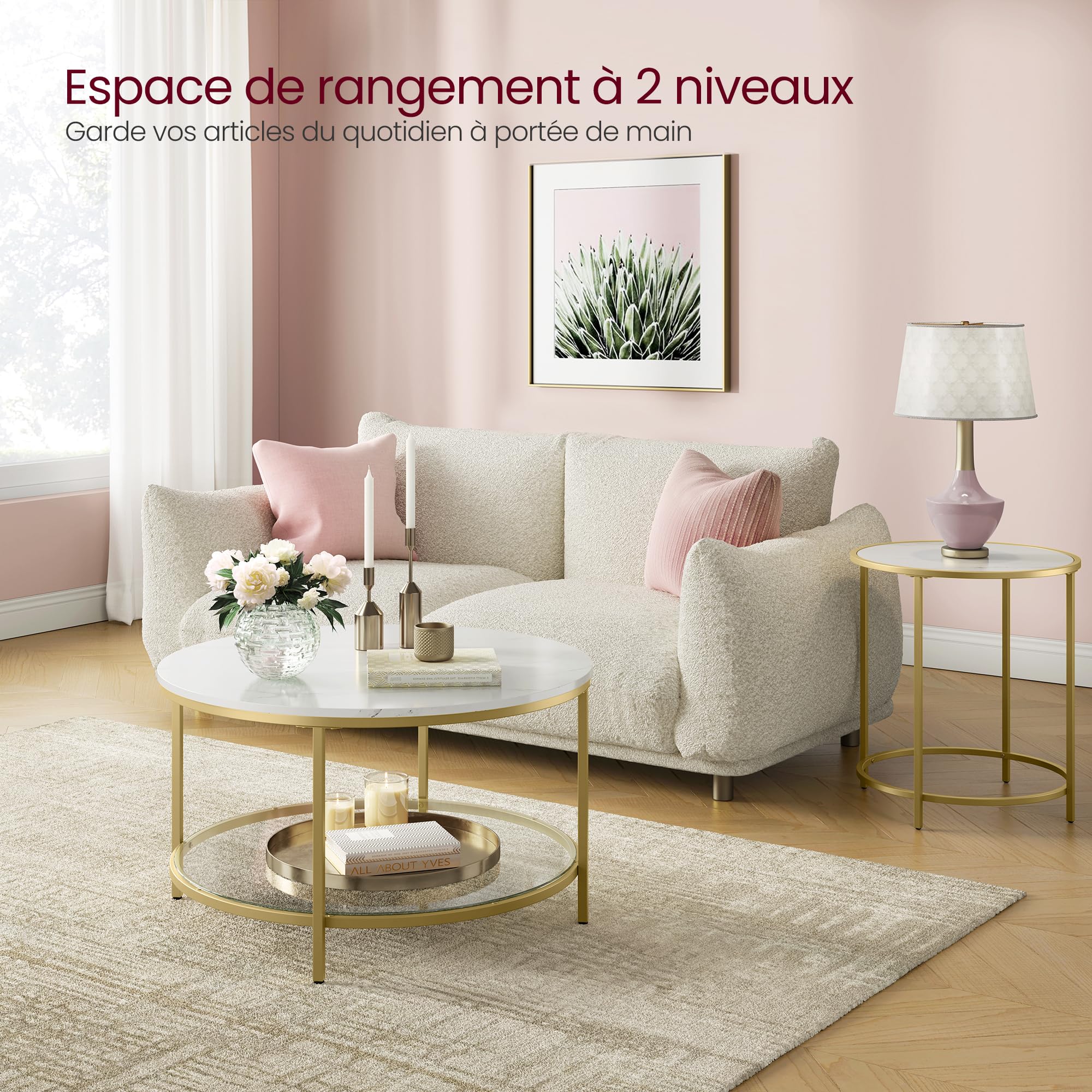 VASAGLE Table Basse, Table de Salon, Façon Marbre, Support en Verre Trempé, Facile à Assembler, Style Moderne, Blanc Marbré et Doré Métallique LCT071W59