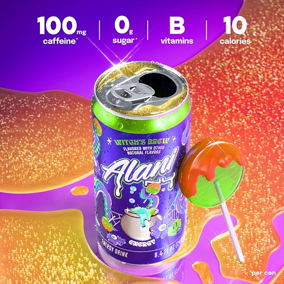 Alani Nu WITCHES BREW, Low Calorie Energy Drinks, 100mg Caffeine, Biotin, B Vitamins, Zero Sugar, 10 Calories or Less, 8 Fl Oz Cans, 12 Pack