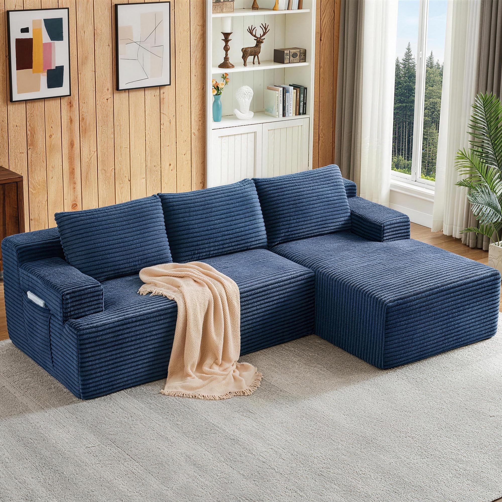 Boneless Couch, Modular Sectional Couches for Living Room, U-Shaped Cloud Couch Sofa with Deep Seat, Fluffy Corduroy Upholstered Corner Sofa