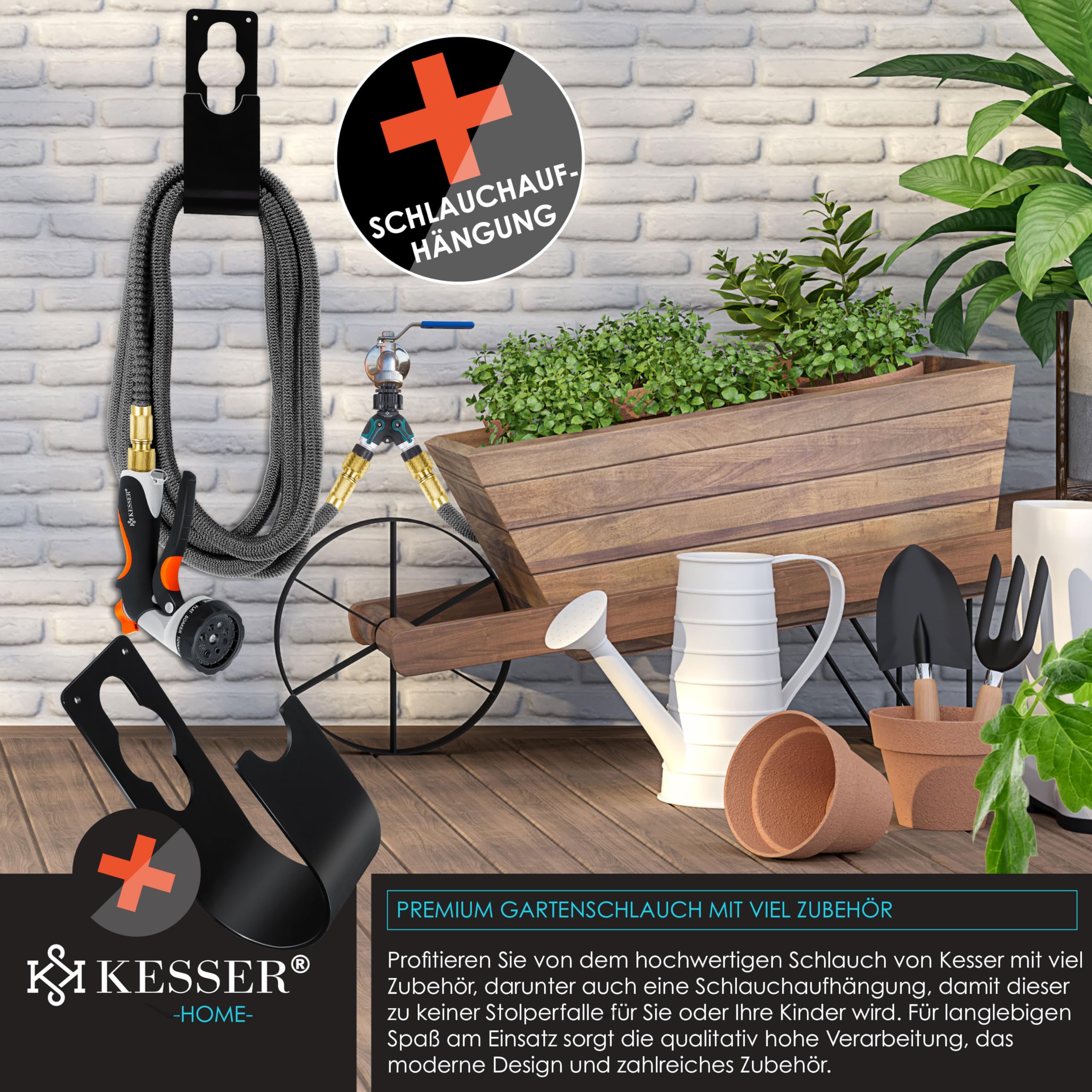 KESSER® Manguera de Jardín Flexible Premium | Expansible + Soporte de Pared | Manguera de Agua Flexible con Núcleo de Látex de Triple Capa | Conexiones de Latón de 22,5 metros Antracita