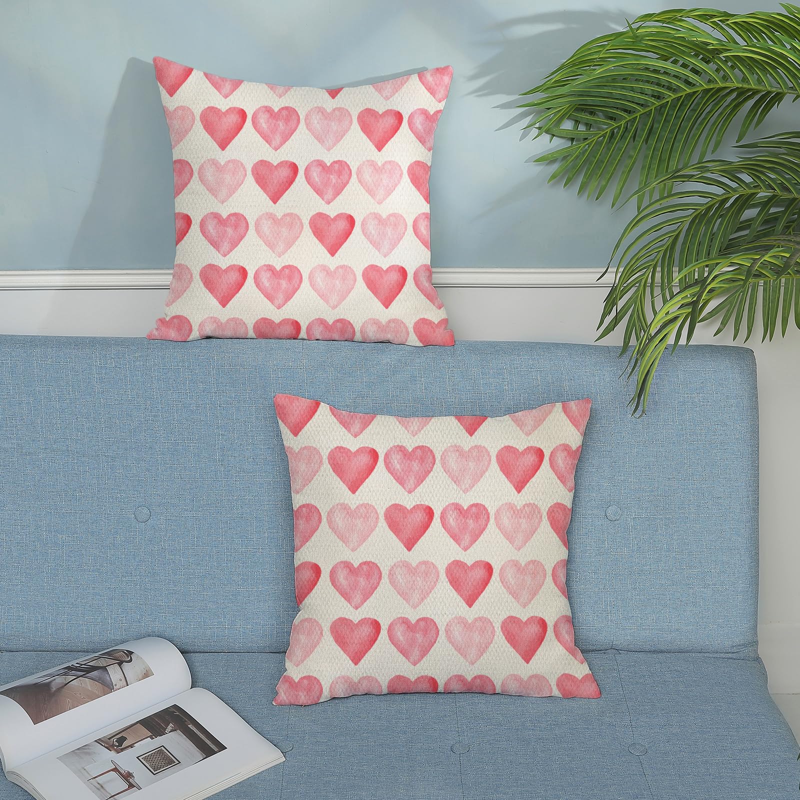AELUTYSH Valentine's Day Pillow Covers Set Of 2 - 20x20 Inch Linen Heart Candy Print Decorative Throw Covers