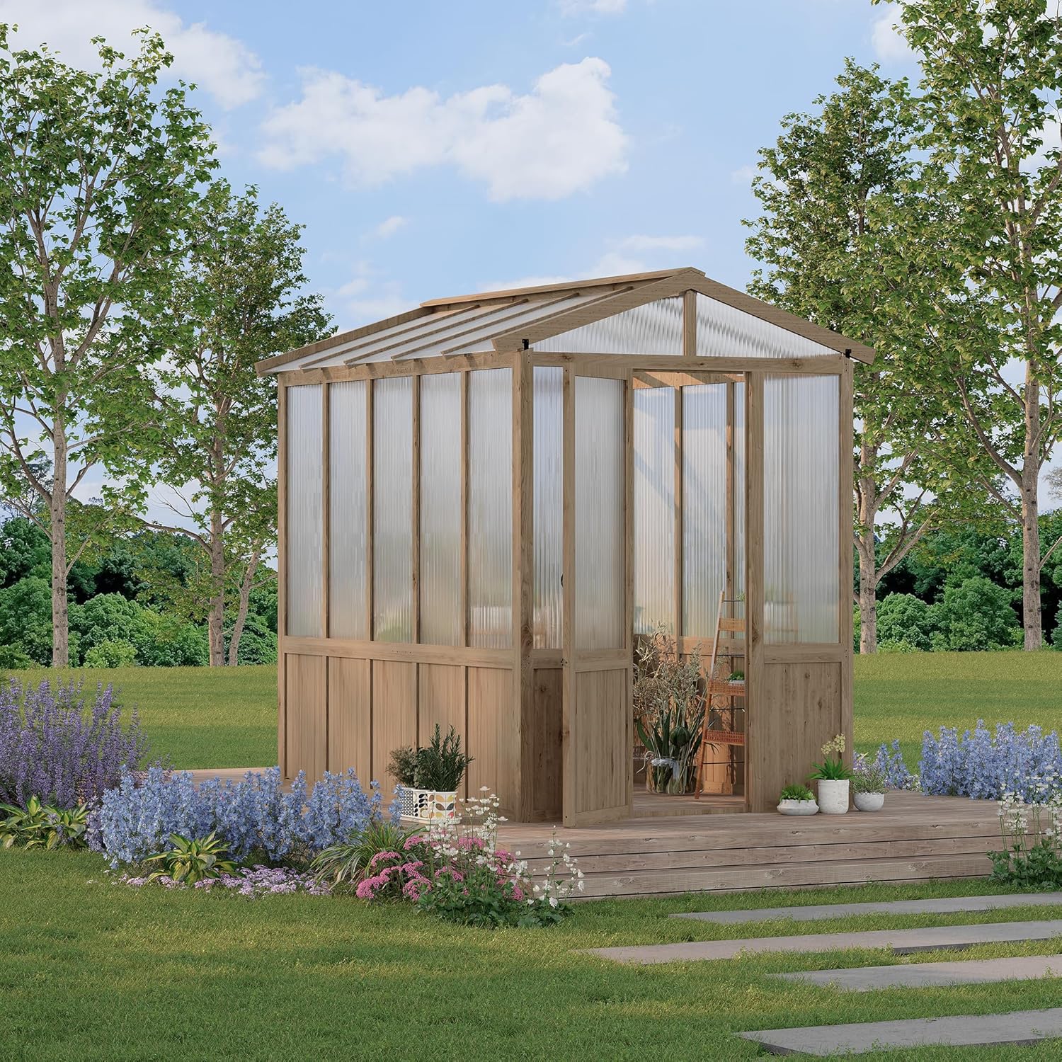 6x8FT Wooden Greenhouses for Outdoors, Wooden Walk-in Green House with Cedar Frame, Greenhouse Kit with 6MM Thick Polycarbonate Panel