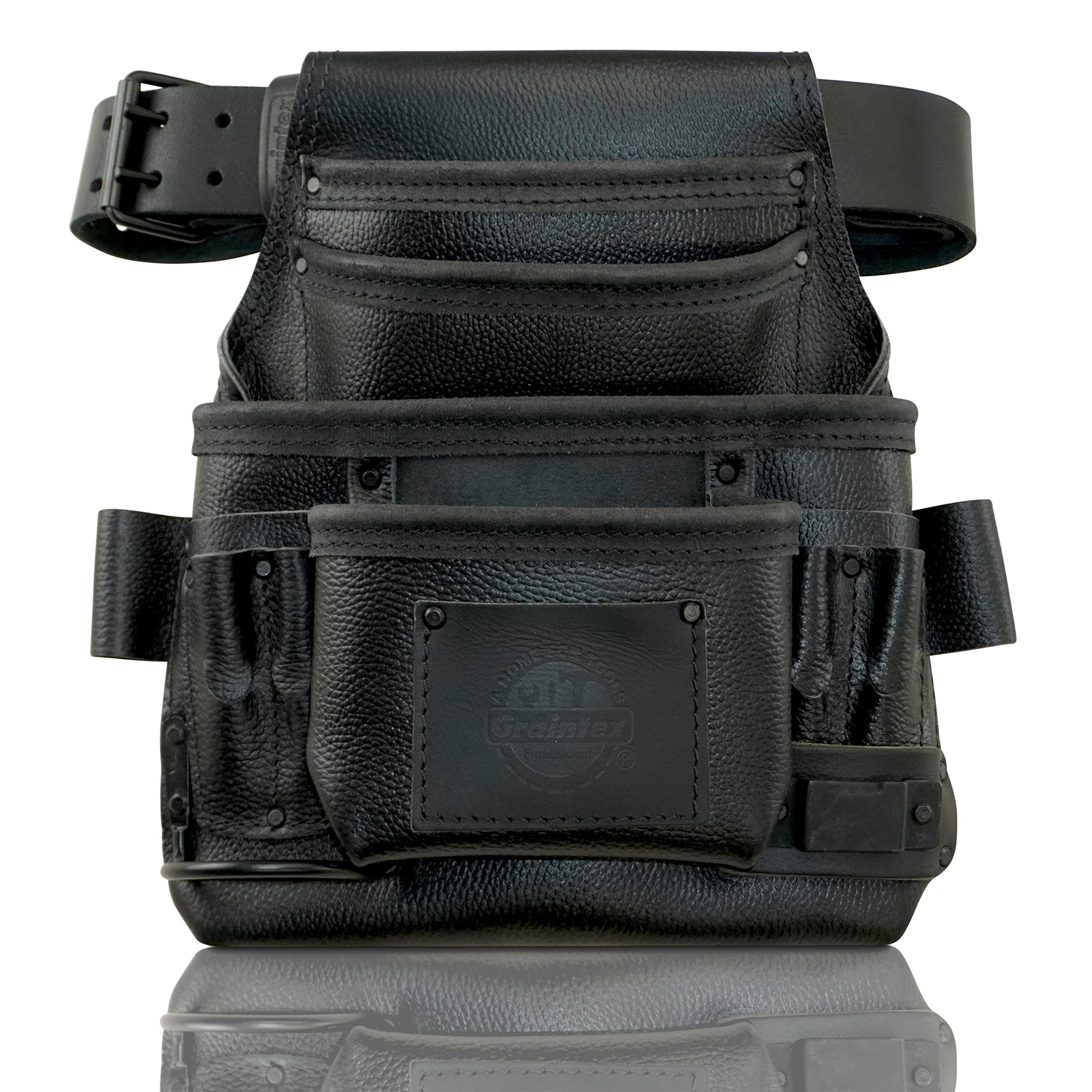 Graintex ST2870 :: 10 Pocket Nail & Tool Pouch Rugged Black Color Top Grain Leather with 2” Leather Belt for Framers, Constructors, Electricians,