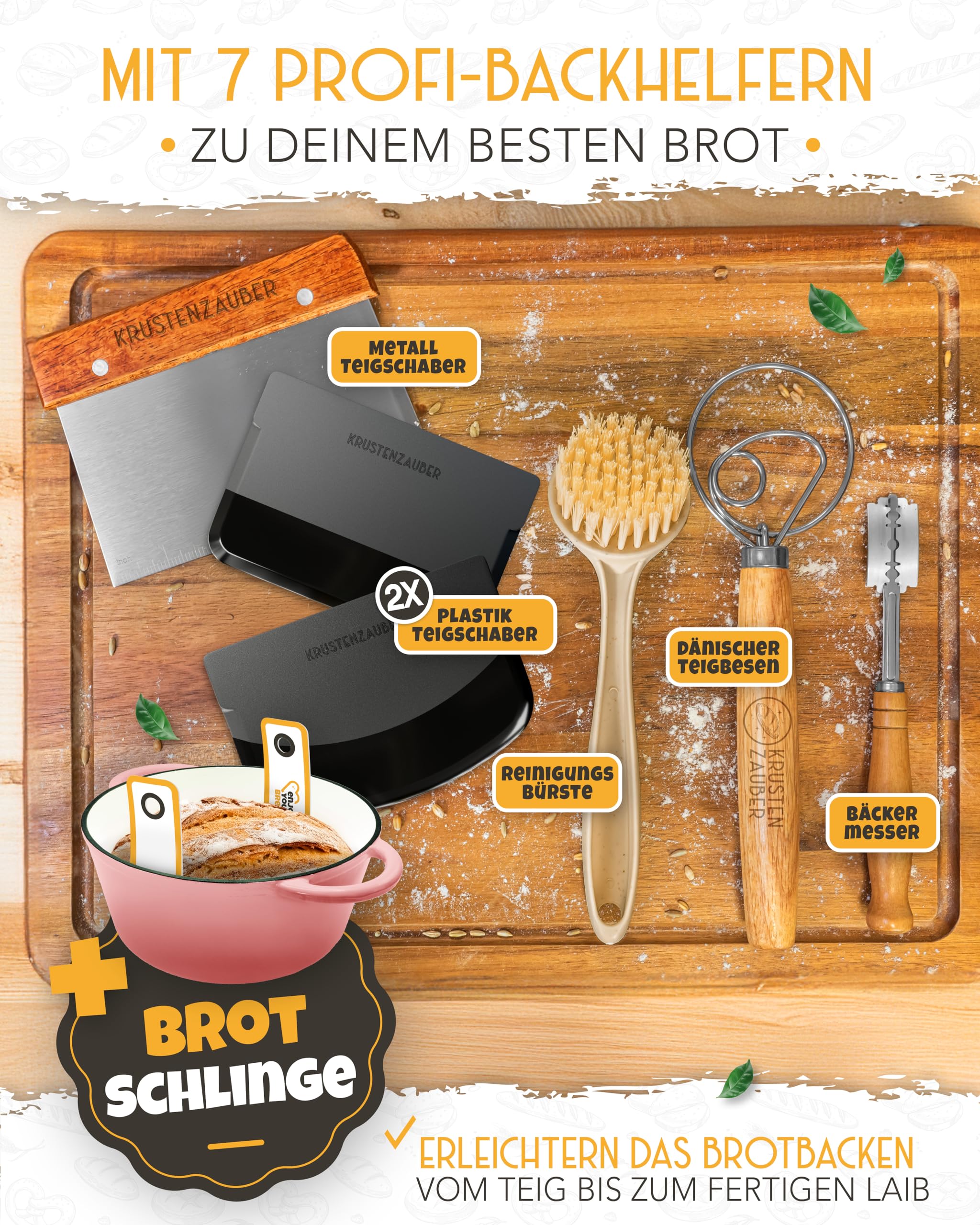 Gusseisen Topf Brot Backen emailliert im XXL Set - Brotbackform mit Deckel inkl Gärkorb, Schneebesen, Bäckermesser, Teigschaber, Brotschlinge etc. Perfektes Brotbacktopf Set für Anfänger