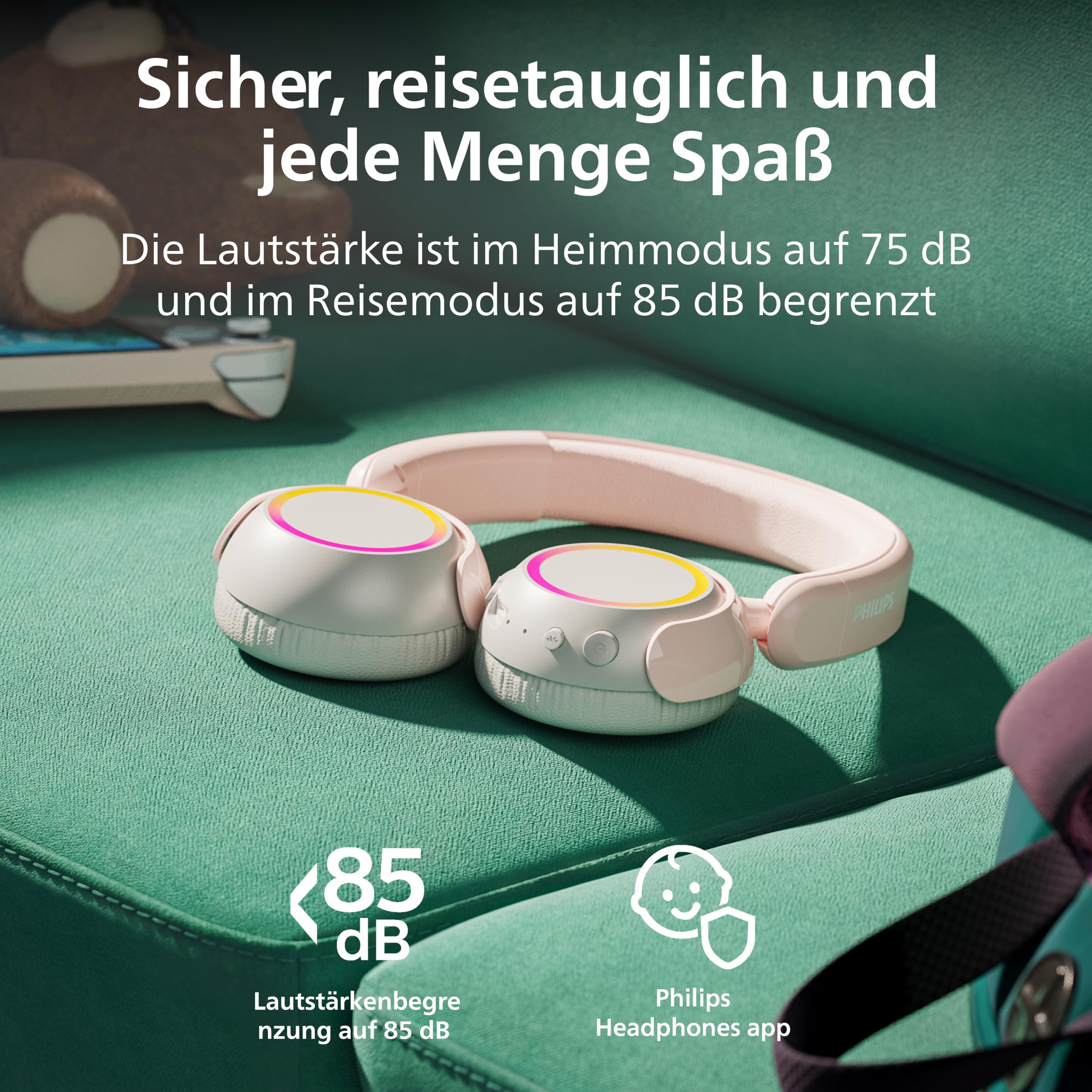 PHILIPS TAK4200PK 4200 Serie Kabellose Faltbare On-Ear-Kinderkopfhörer | Lautstärkebegrenzung, Audio-Sharing, USB‑C-Kabel enthalten – Pink