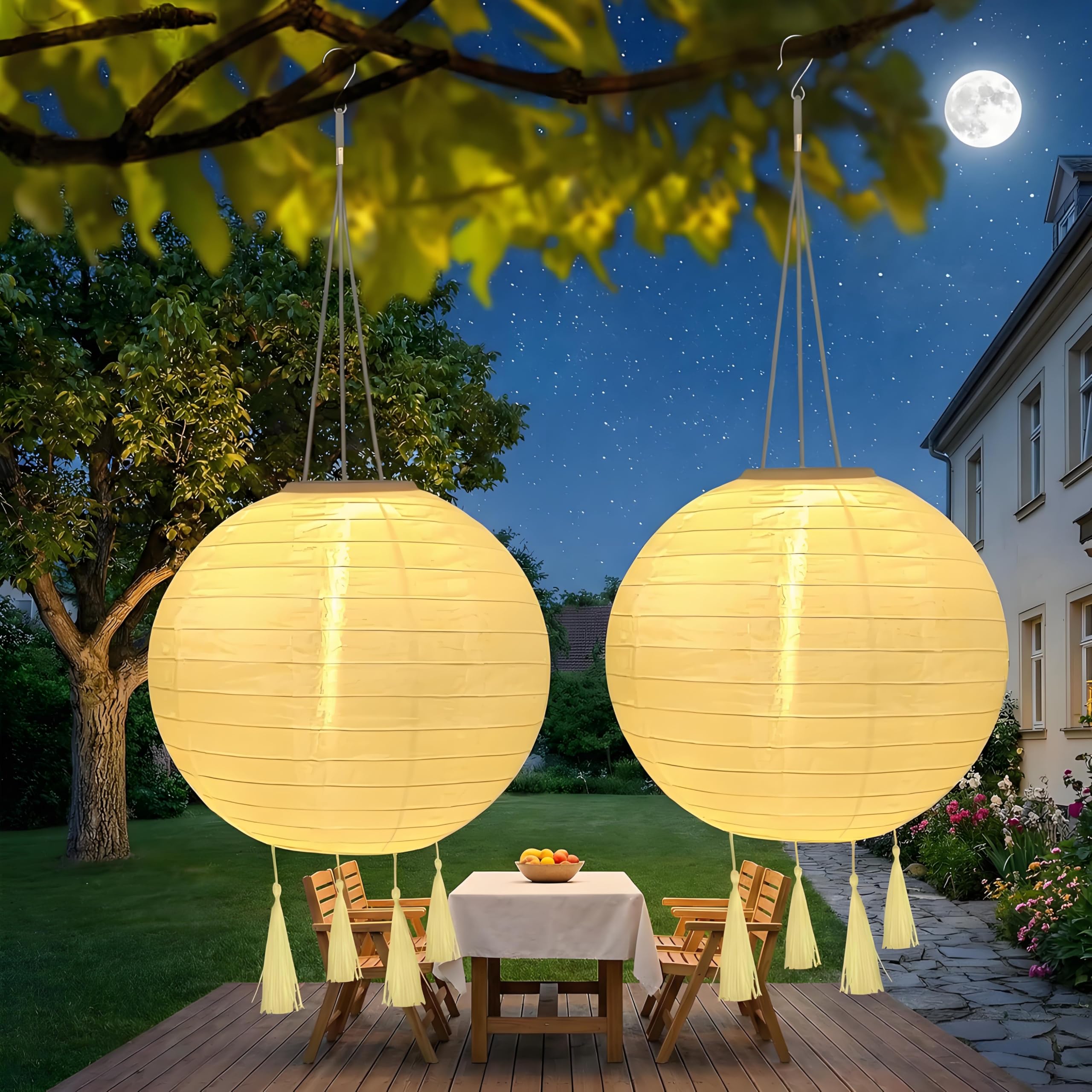 2 Stück 30CM Solar Lampions Außen Wetterfest, Warmweiß Solarlampen für Außen Hängend, Solar Lampions mit 4 Quaste, Lampions Solar Outdoor für Garten, Hof, Balkon Deko und Festdekoration