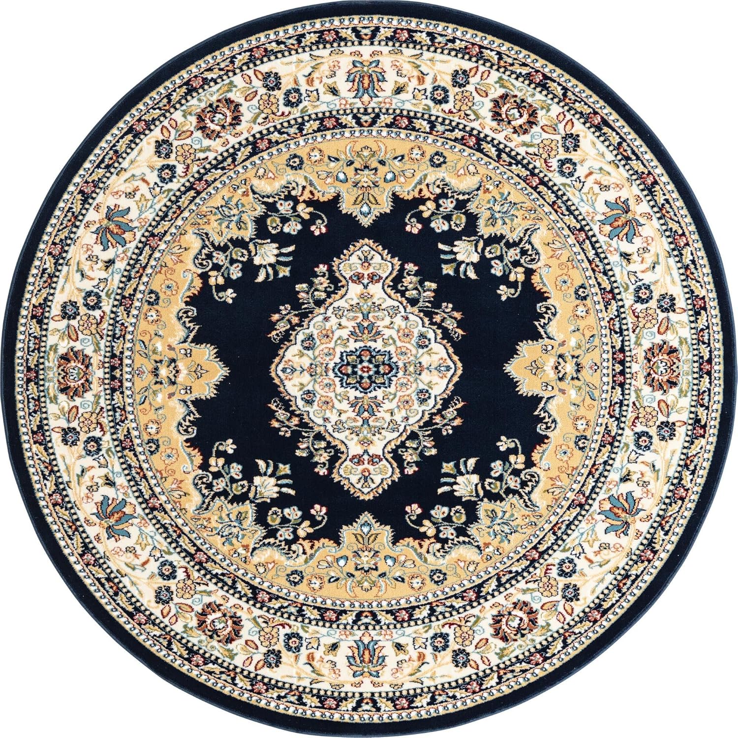 Rugs.com Rabia Collection Rug – 5' Round Navy Blue Low Rug Perfect for Kitchens, Dining Rooms