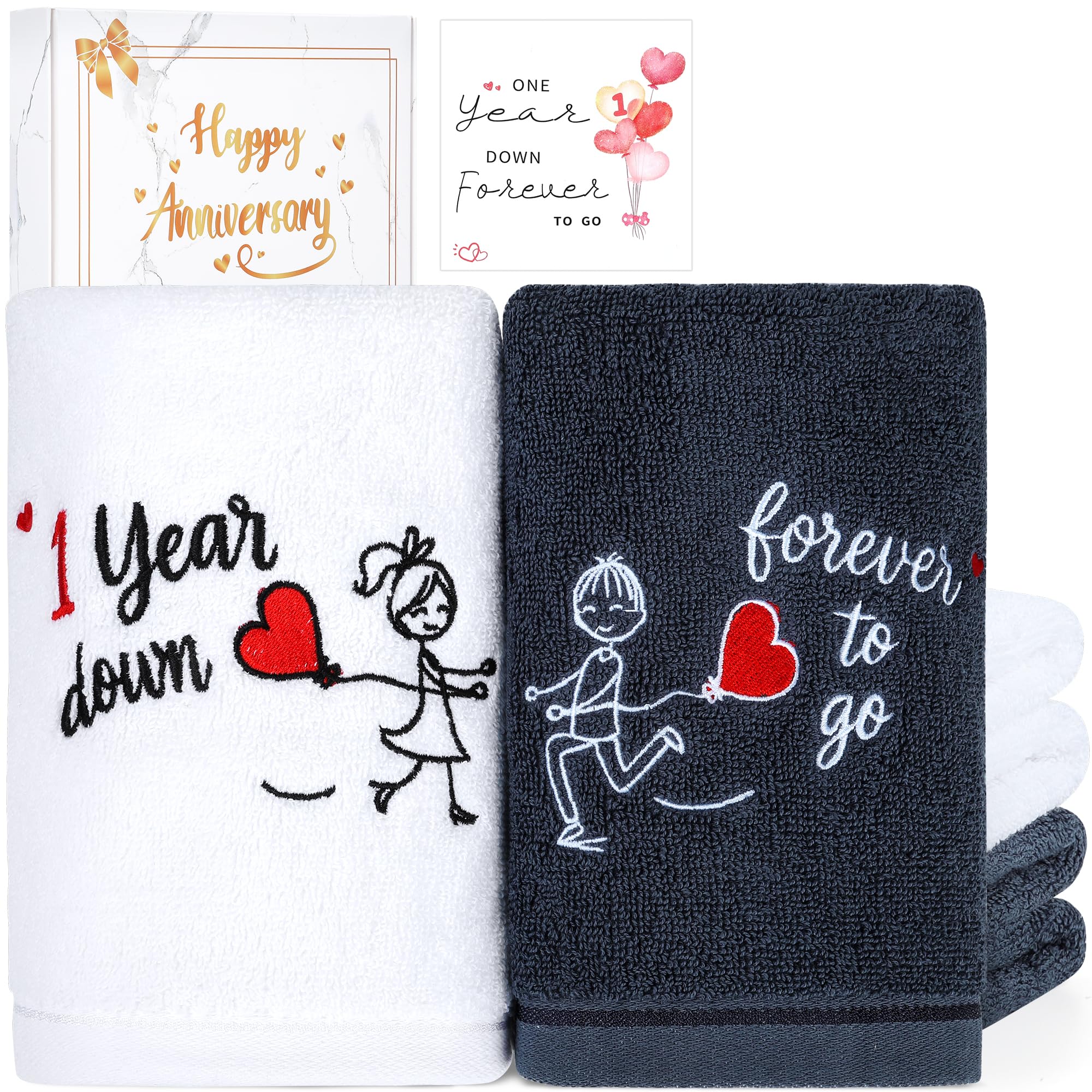 EcoUtens 1 Year Anniversary Couple Gifts, 2 Pack Premium 100% Cotton Towel Set with 1st Happy Anniversary Card,Romantic Penguin Couple Gifts Marriage Gift for Him Her Husband Wife (Slate Gray)