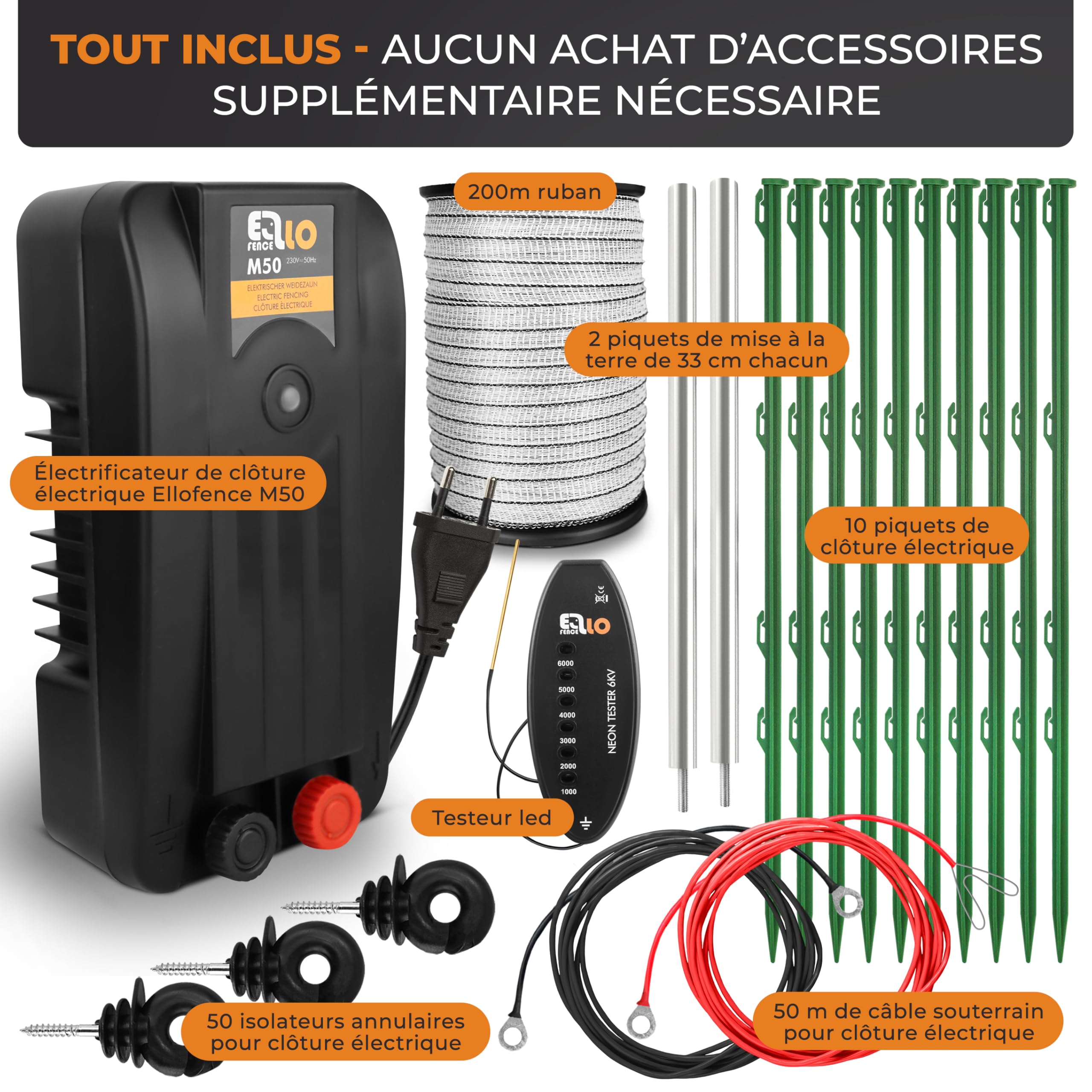 Kit Complet clôture électrique avec 200 m de Ruban - Set Complet avec Appareil Secteur, Mise à la Terre, piquets, testeur LED & isolateurs à Anneau - Idéal pour Chevaux & Animaux sensibles