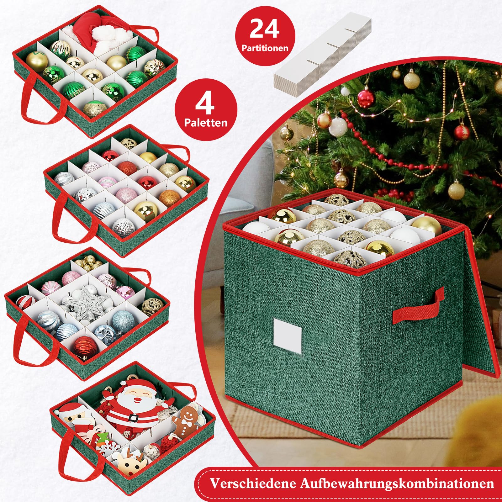 Weihnachtskugeln Aufbewahrung, Aufbewahrungsbox 64 Fächer | Aufbewahrungsboxen mit Deckel, Boxen Aufbewahrung mit 4 Ebenen, abnehmbare Griffe & Unterteiler (31,5x31,5x34 cm) - Grün Rot
