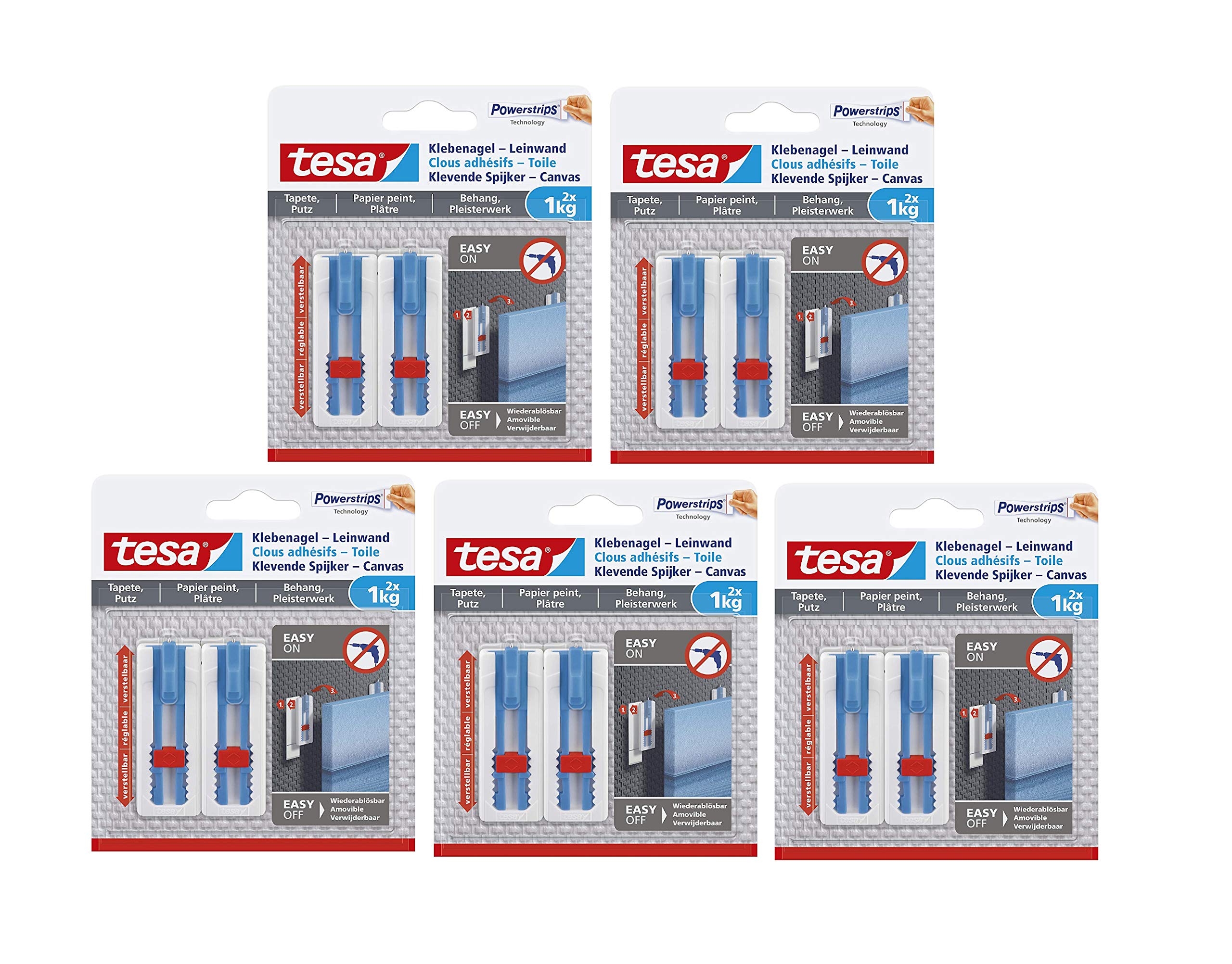 Tesa 77778 Klebenagel Tapeten & Putz-höhenverstellbar-Selbstklebender ideal für Leinwand & Keilrahmen-hält bis 1kg/Nagel-spurlos ablösbar, Weiß (1kg - 10 Klebenägel, Auf Tapete & Putz)