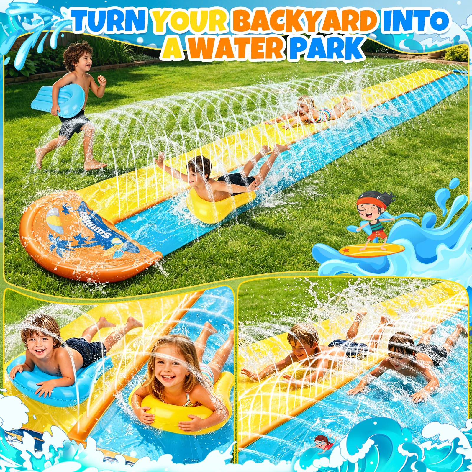 JONRRYIN 950cm Tobogán de Agua, 155cm Tobogán de césped de Doble Tobogán Hinchable con Rociador, 2 Tablas inflables para Fiestas de Verano, Jardín, Acuáticos al Aire Libre