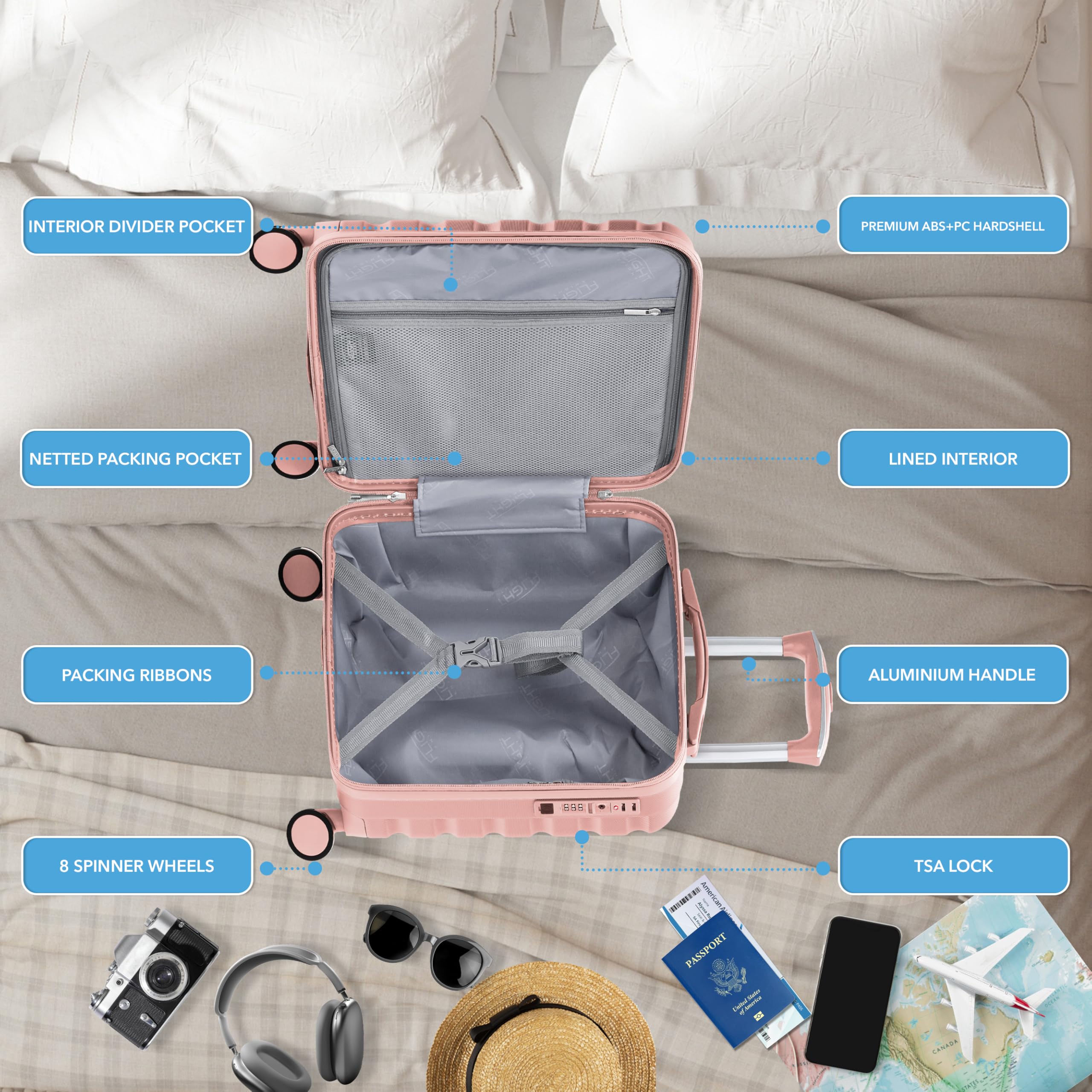 Flight Knight Valigia rigida con serratura TSA integrata e porta USB, leggera, silenziosa, doppia ruota, dimensioni massime della borsa da trasporto per compagnie aeree americane e unite