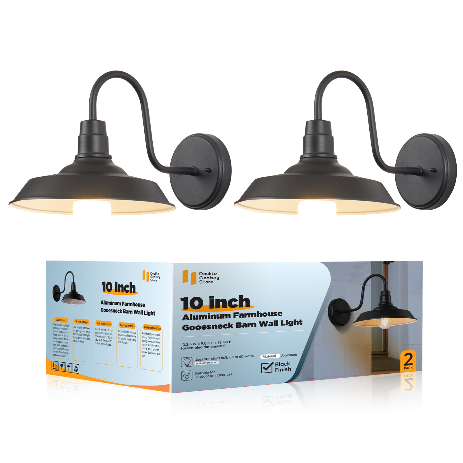 Image of 2-Pack Barn Lights Outdoor, Gooseneck Exterior Lighting Fixture, Aluminum Porch Light, Farmhouse Outdoor Wall Light, Outside Sconce Light for Patio, Garage