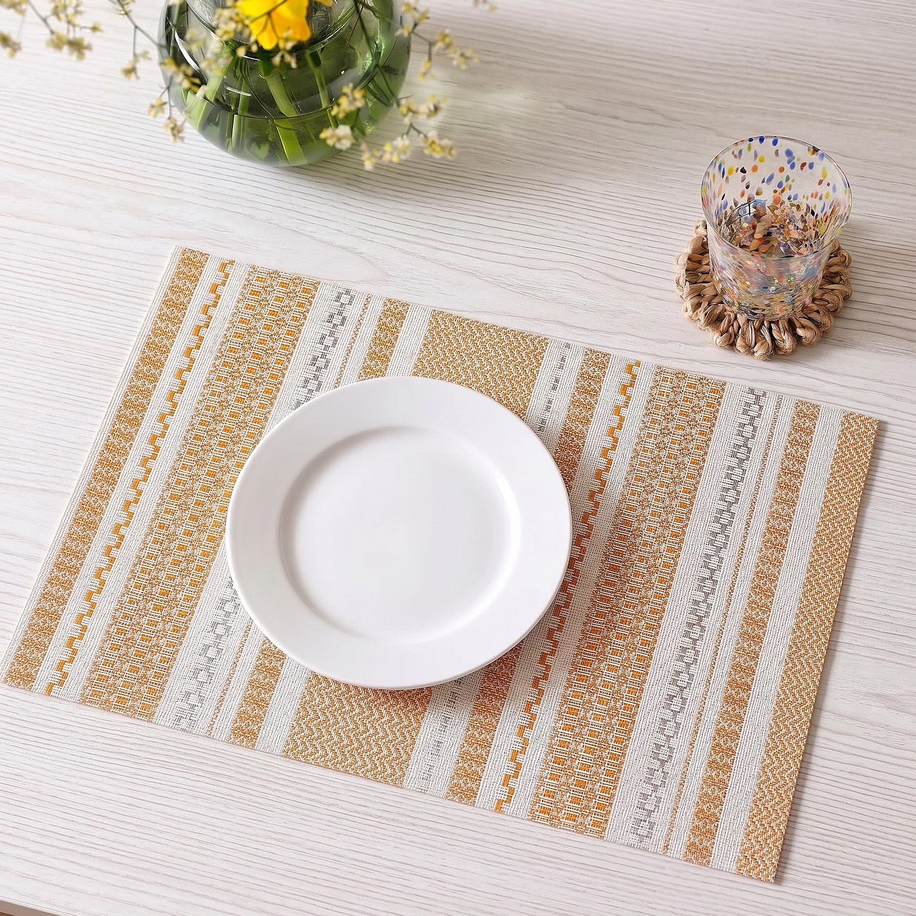 FAVE 6er Set Platzsets Abwaschbar aus PVC, Boho Orange gewebt - Hitzebeständige, Abwaschbar & langlebige Tischsets für Festessen, Partys, Hochzeiten (Orange)