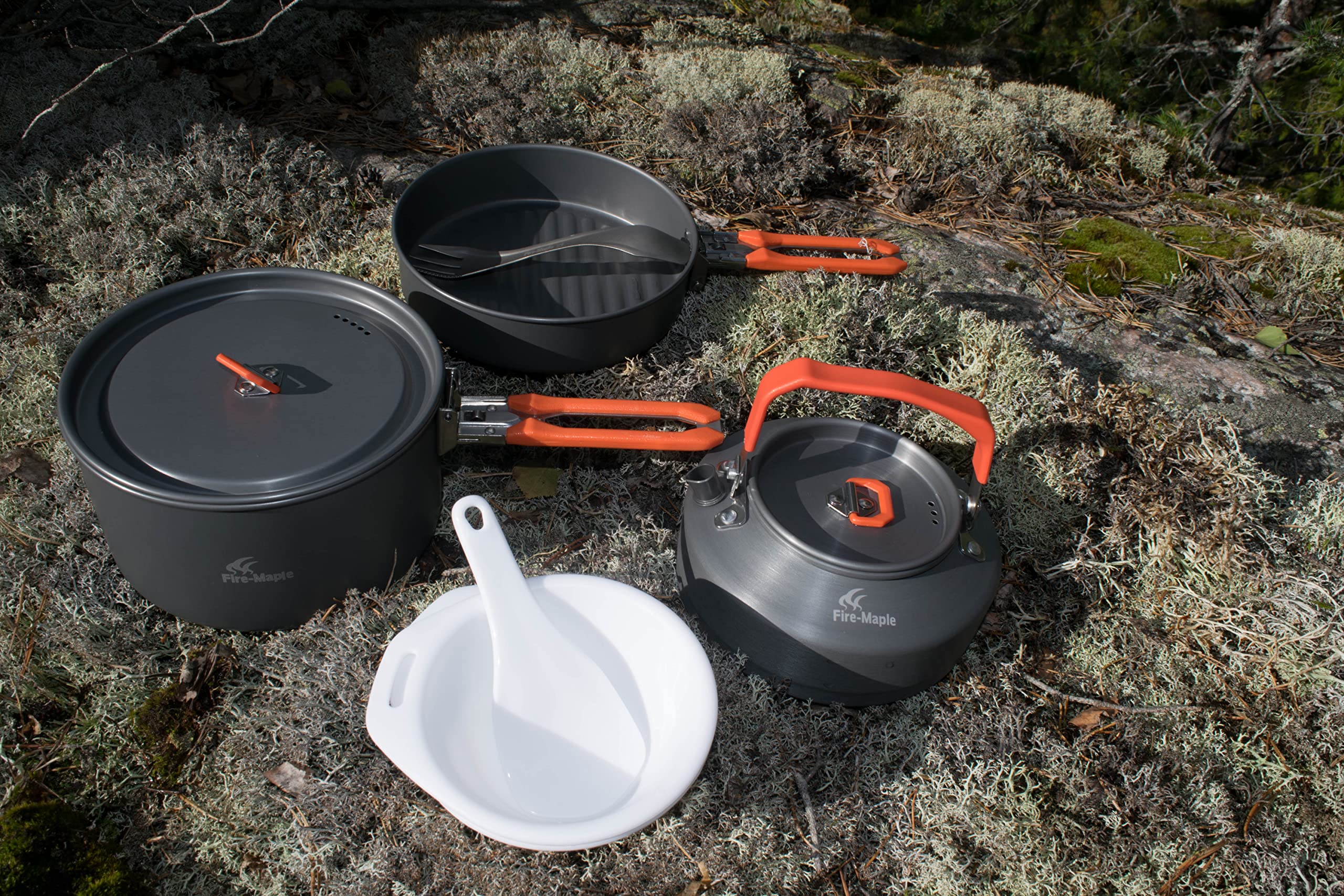 Fire-Maple Feast 2 Camping Kochgeschirr Set Outdoor-Kochset mit Topf, Wasserkocher, Pfanne, Schalen und Spatel für 1 bis 3 Personen beim Backpacking Trekking Wandern Angeln und Picknick