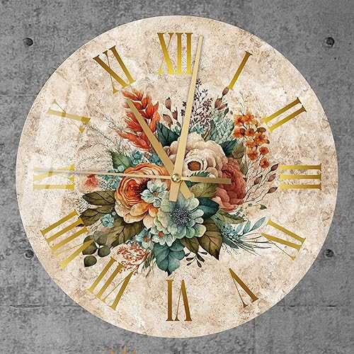 Reloj de pared de vidrio templado, diseño floral de 14 pulgadas, estilo floral, arte de pared para sala de estar, reloj de pared silencioso sin