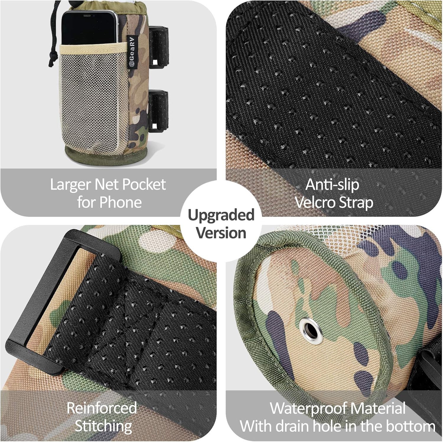 GEARV 2Pack Cup Holder for Bike, Scooter and Wheelchair, Water Bottle Holder for UTV/ATV, Walker, Golf Cart and Beach, Universal Drink Holder Accessories with Net Pocket and Cord Lock (Yellow Camo)