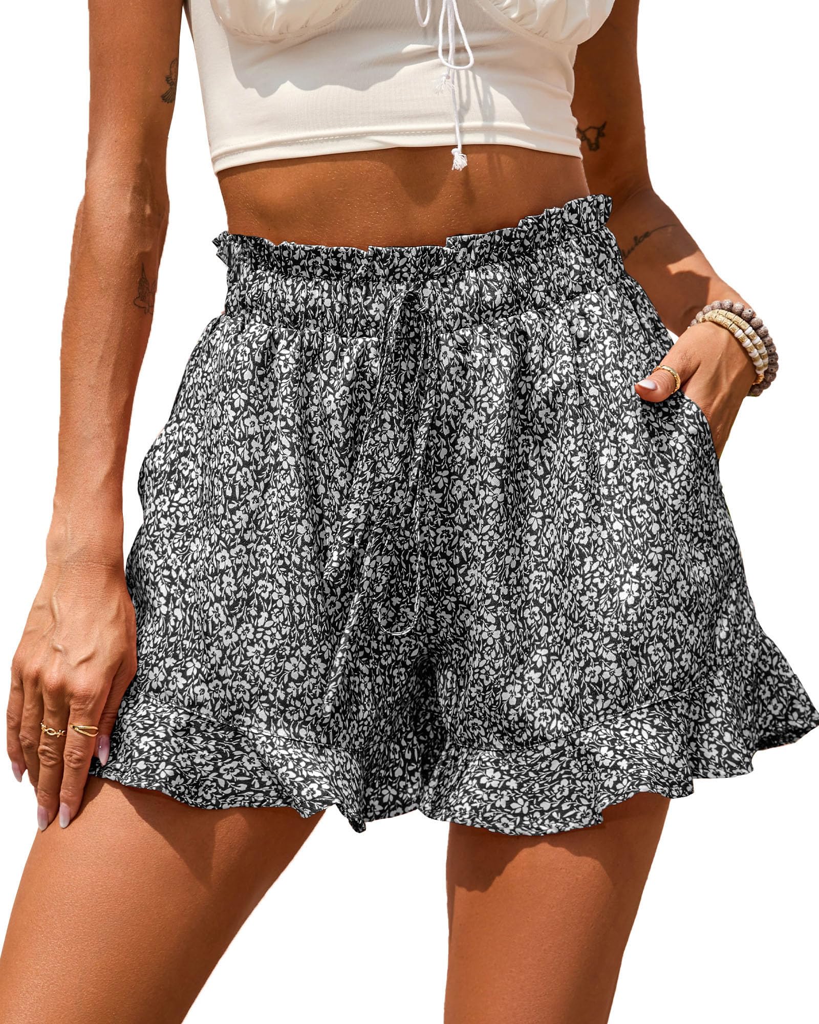 BTFBM Shorts for Women Spring Summer 2026 Beach Vacation Clothes Boho Floral Belted Casual Ruffle Short Pants Pocket Outfits