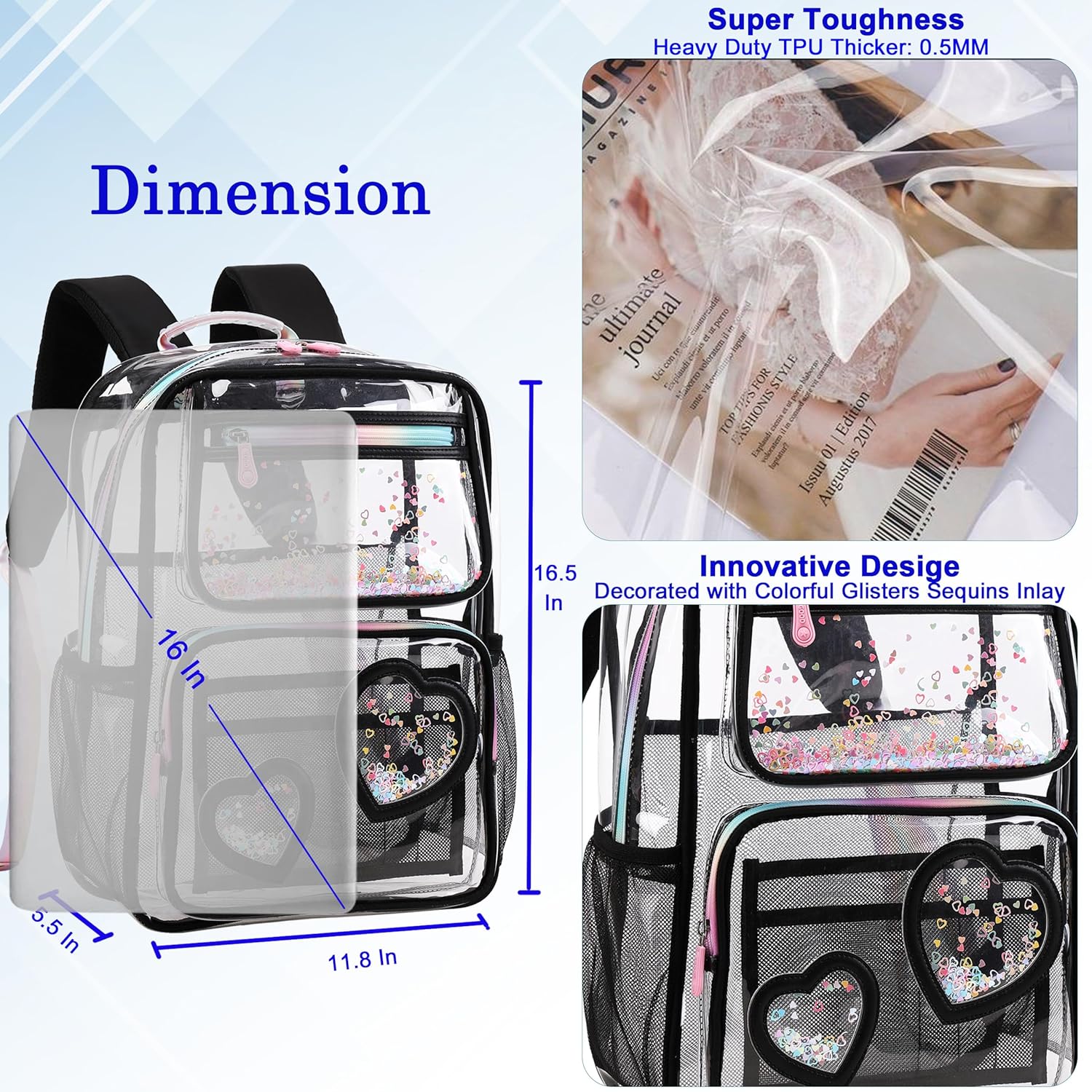 Clear Backpack for Kids Teens Girls Women Heavy Duty See Through Backpacks Cute Elementary Middle High School Bag TPU Transparent Bookbag for College, Work, Stadium Events, Security Travel-Black