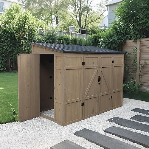 BlueWish 4x8 FT Wooden Outdoor Storage Shed with Waterproof Metal Slopping Roof, Wood Garden Tool Shed Kit with 3 Lockable Doors, Patio Utility Tools Bicycles Storage for Garden, Patio, Backyard