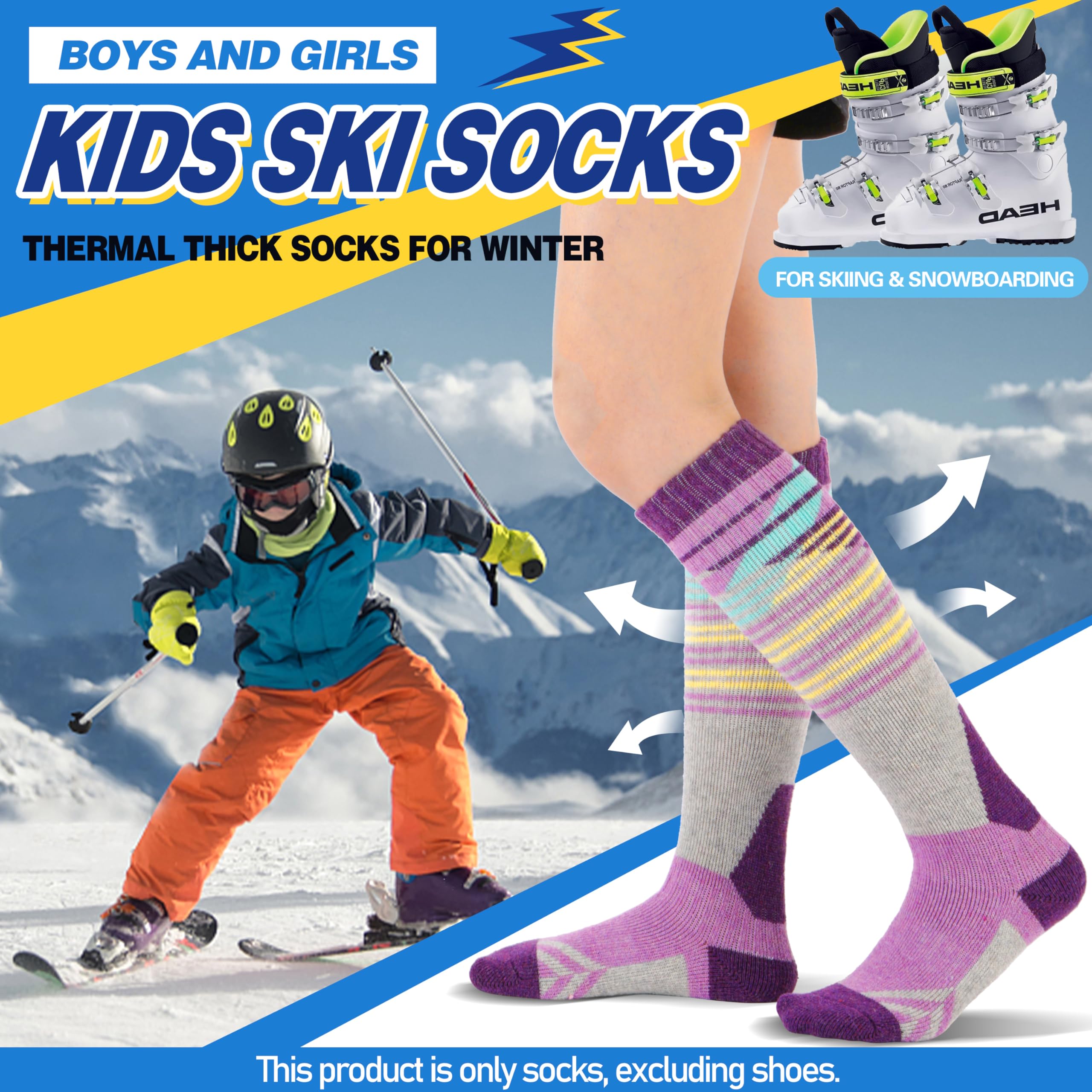 ANTSANG 3 Pares Calcetines Ski Lana Merino Niños Niñas Térmicos Abrigados Invierno Gruesos Acolchados para Snowboard Esquí