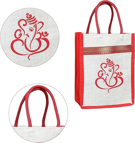 Miniatura 5 de Bolsas de yute ecológicas con estampado Ganesh  10 x 8 pulgadas, bolsa de playa, reutilizable y biodegradable, perfectas para regalos, regalos de