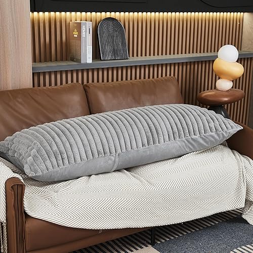 Miniatura 3 de WERDIM Funda de almohada de cuerpo a rayas verticales grises de 21 x 54 pulgadas, funda de almohada de cuerpo largo de piel sintética esponjosa con