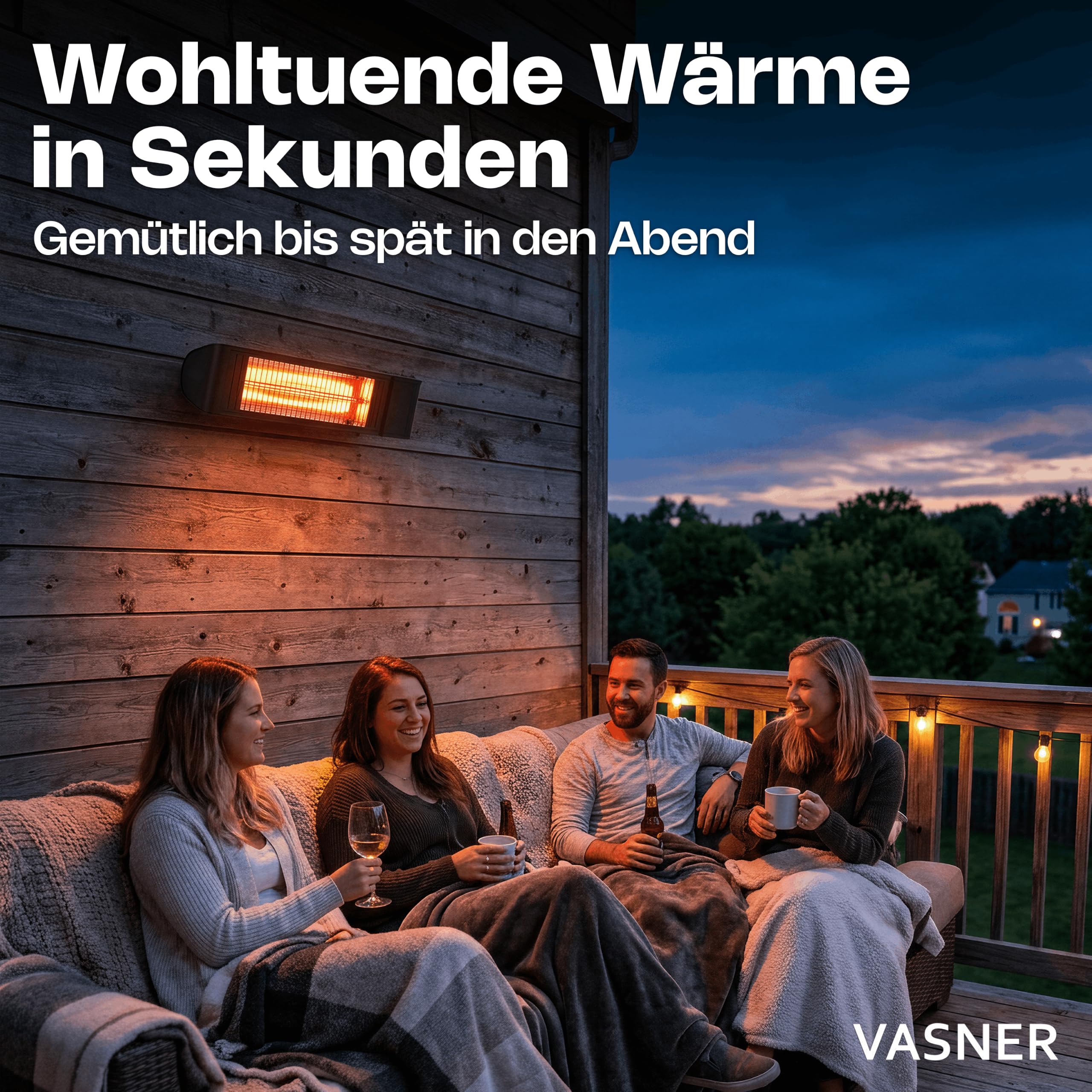 Infrarot Heizstrahler Outdoor - Terrasse Elektrisch - Decke - Fernbedienung | VASNER Infrarot Heizstrahler Terrasse - Decken- & Wandmontage hängend - elektrisch 2000 Watt - 6 Heizstufen - Schwarz IP65
