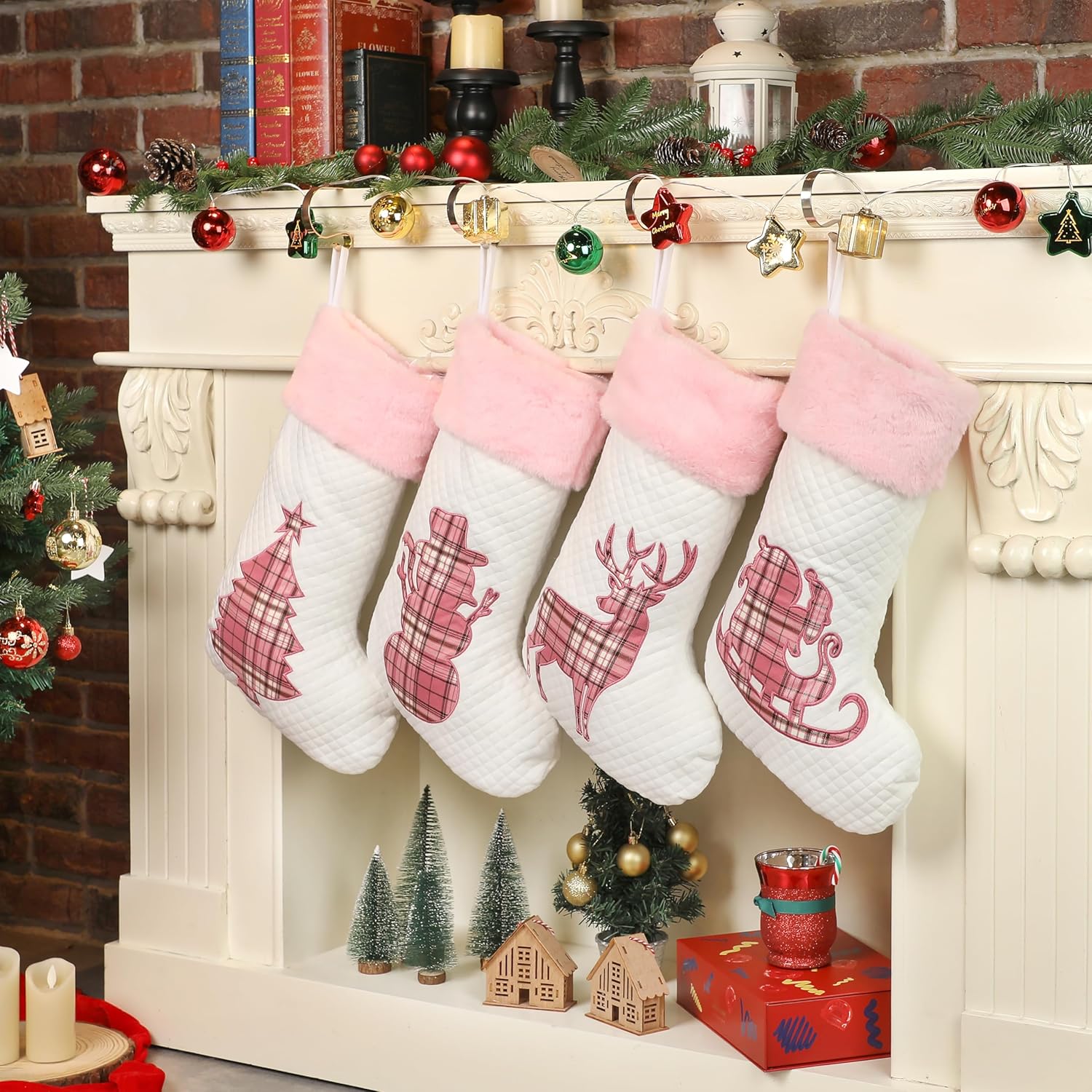 White Pink Christmas Stockings 4 Pack 20" Large Embroidered Buffalo Plaid with Pink Fur Fireplace Hanging Xmas Stockings for Family Holiday Season Decor(Set of 4) - Image 2