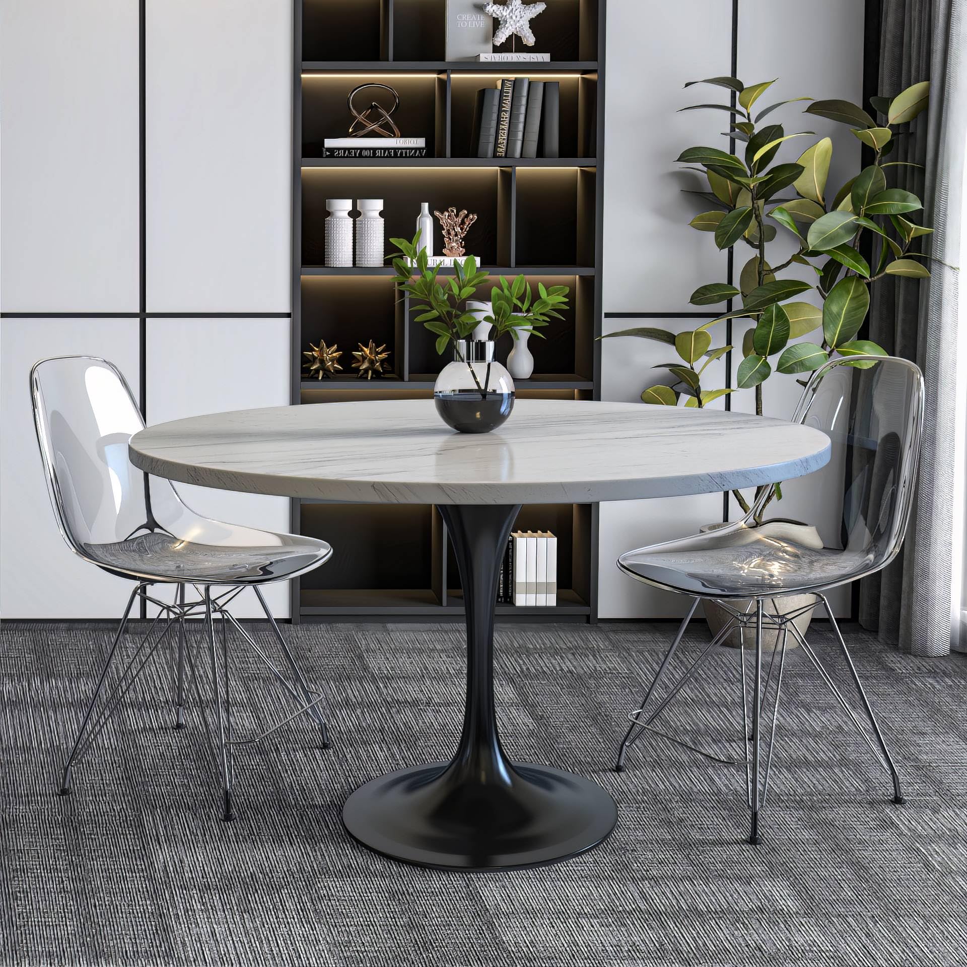 LeisureMod Verve Mid-Century Modern Dining Table - 36" Round Sintered Stone Top & White Steel Pedestal Base