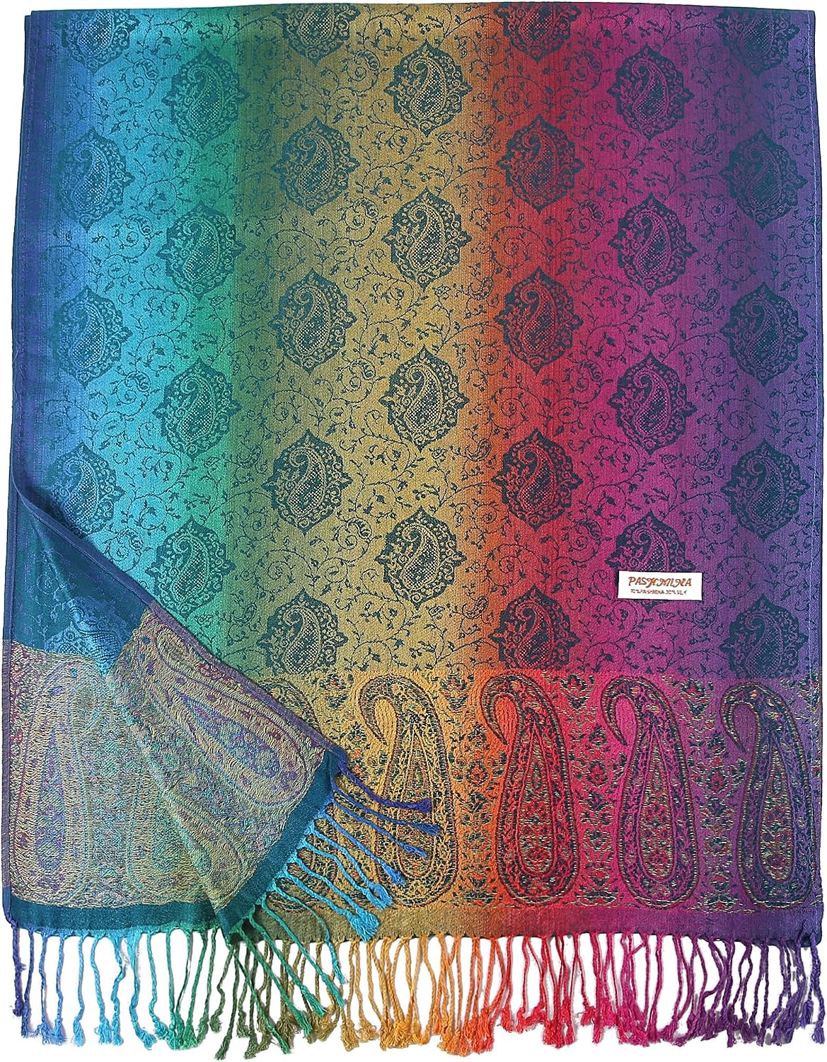 Colorful Rainbow Paisley Jacquard Pashmina Silk Women Wrap Shawl Tassels Scarves