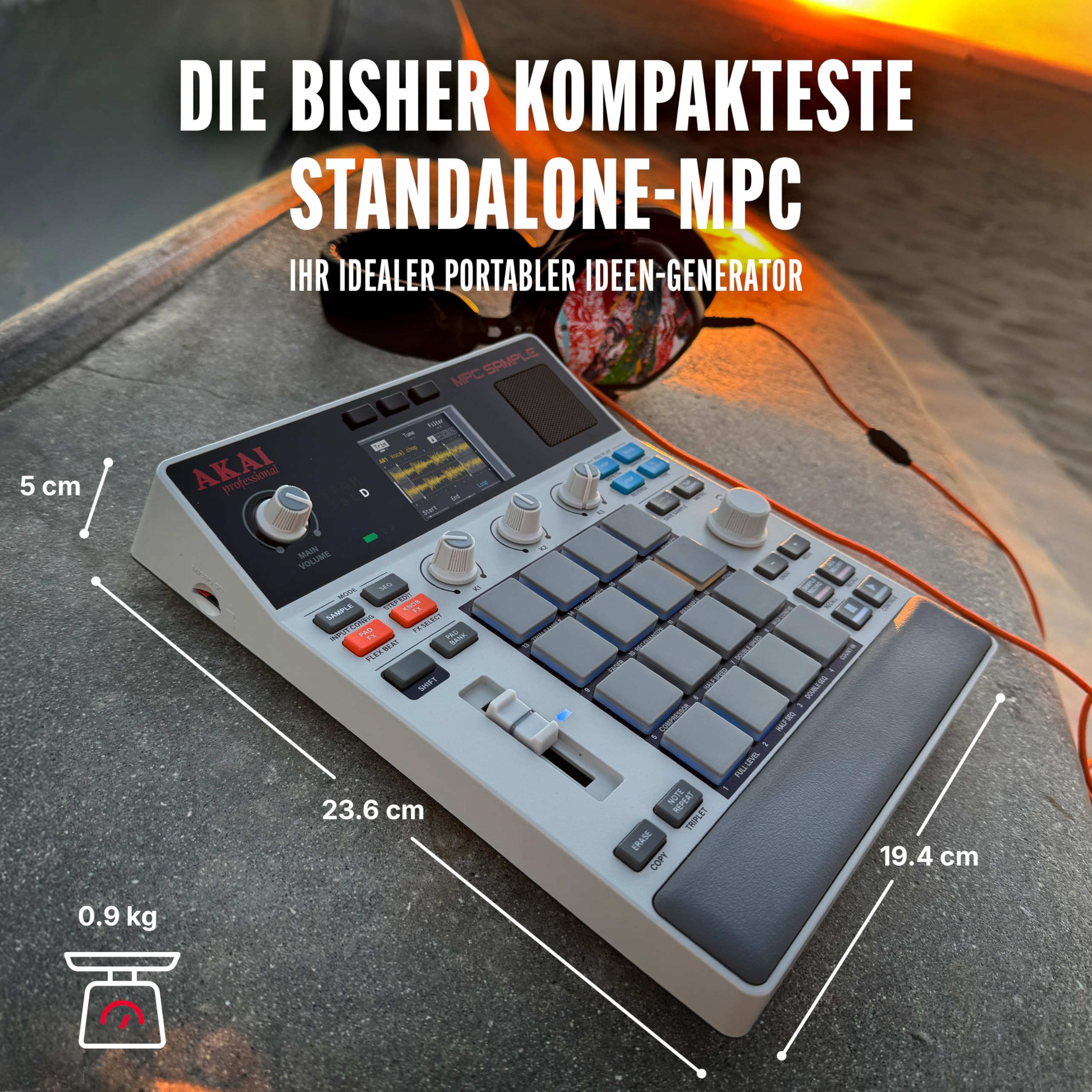 Akai Professional MPC Sample - Standalone Portable Sampler, Sequenzer und Effektprozessor mit Akku, USB-C, integriertem Lautsprecher und Mikrofon
