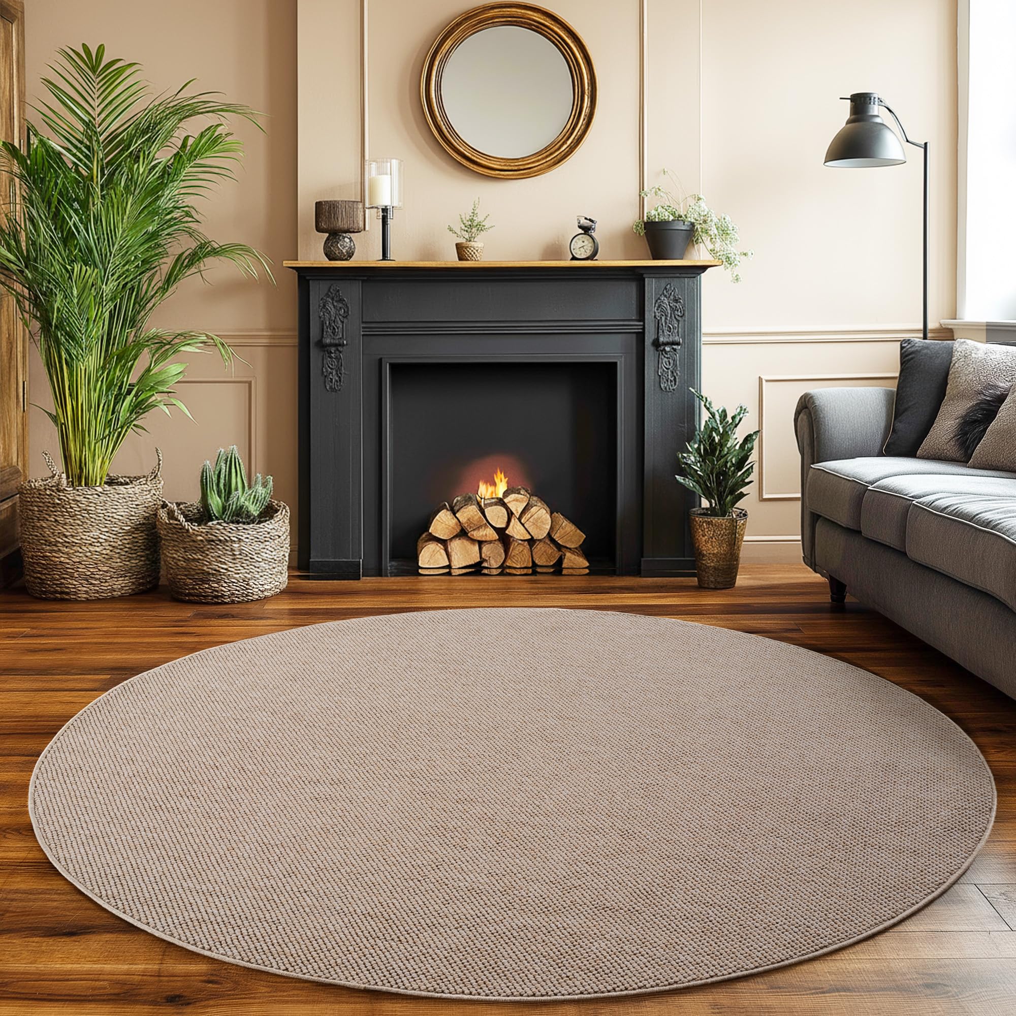 SIMPEX Tapis Rond 120 cm Beige Uni Bouclé Boucles Style Scandinave Moderne Doux Résistant Facile à Nettoyer pour Salon Salle à Manger Chambre