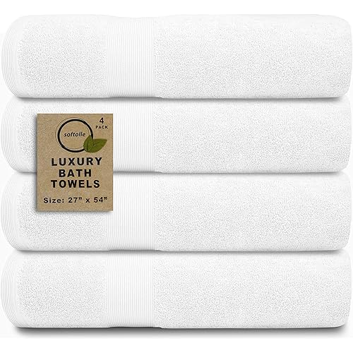 Softolle 100% Cotton Luxury Bath Towels - 600 GSM Cotton Towels for Bathroom - Set of 4 Bath Towel - Eco-Friendly, Super Soft, Highly Absorbent Bath Towel - Oeko-Tex Certified - 27 x 54 inches (White)