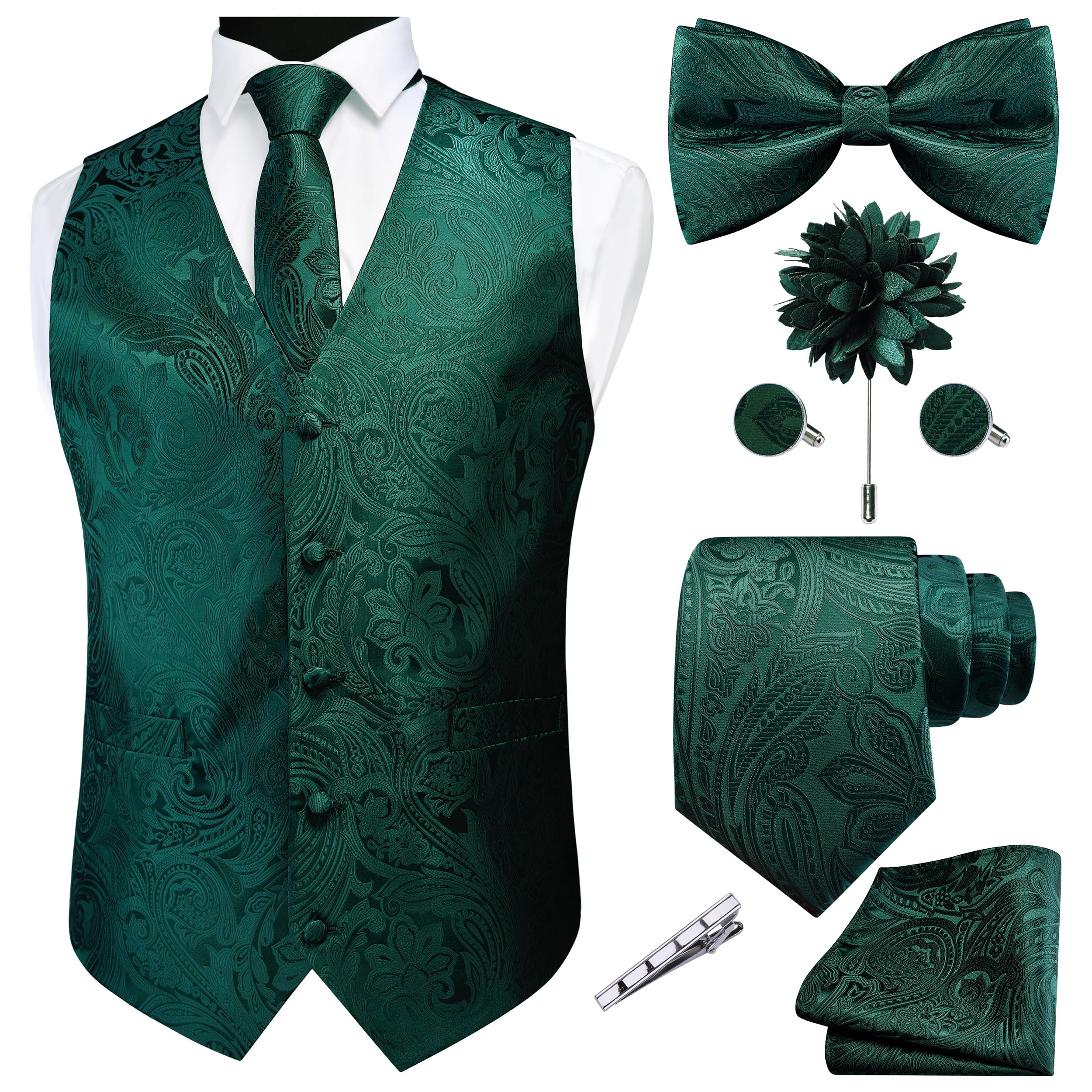 GUSLESON Formal Men Vest Paisley Floral Jacquard Tie Waistcoat Bow tie Hanky Lapel Pin Cufflinks Set Wedding 7PCS