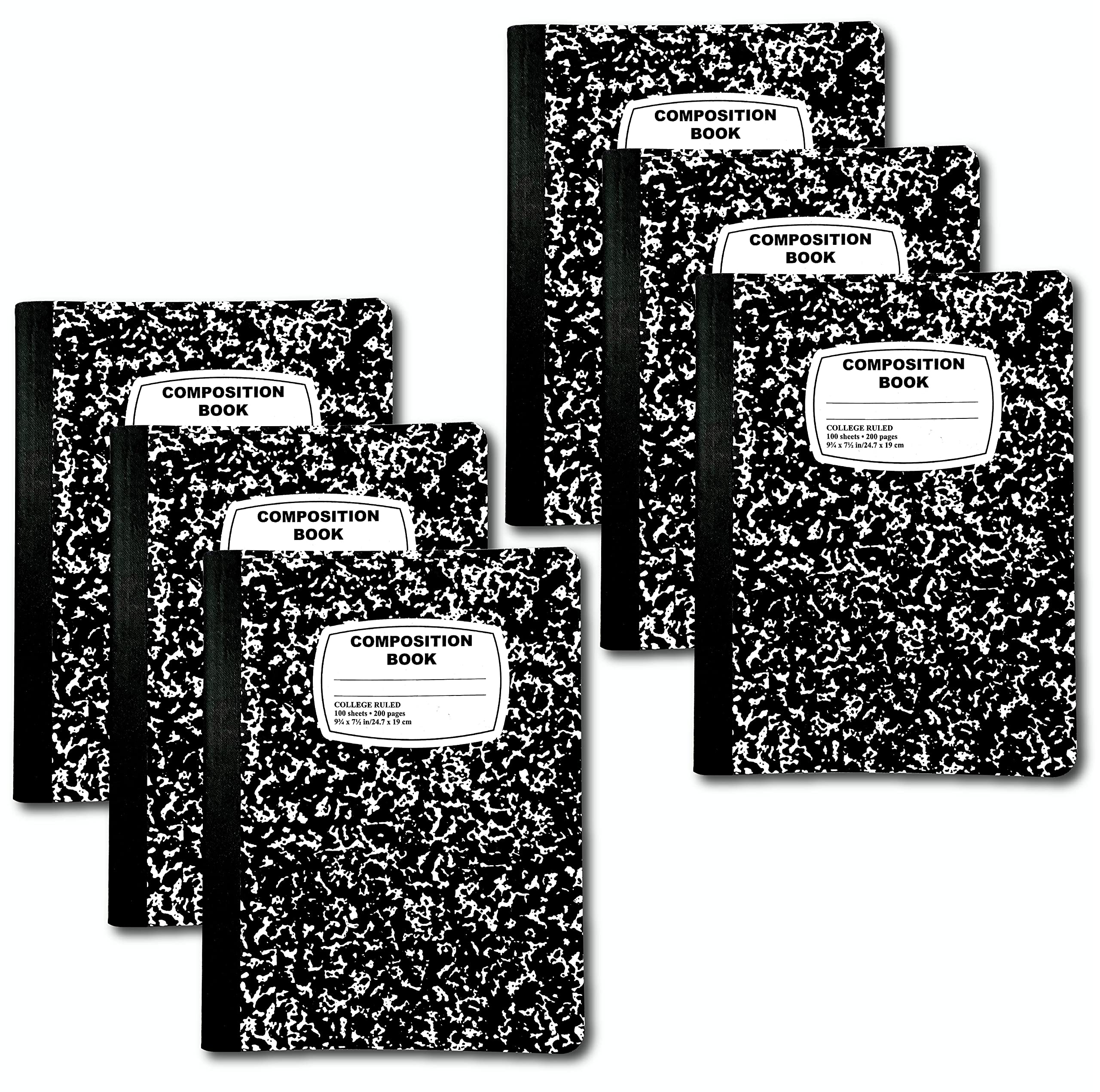 Composition Notebook College Ruled Composition Notebook, 6 Pack, 9-3/4" x 7-1/2", 100 Sheets, Black Marble Notebook for School, College Ruled Notebook for School College & Office Supplies