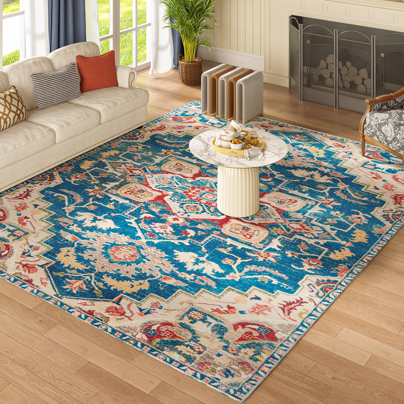 OIGAE Machine Washable Area Rug for Living Room Bedroom Farmhouse Home/Office Decor, 8x10 Carpet Vintage Boho Style Ultra-Soft with Non-Slip Backing, 0.26In Thick, Blue/Red