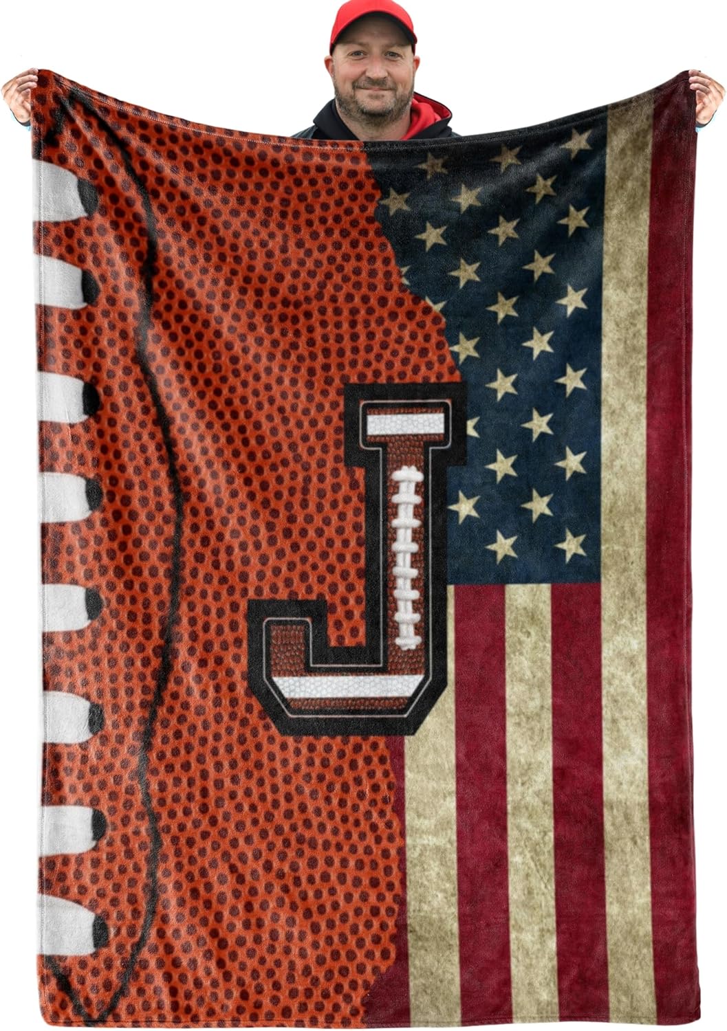 Football Blanket for Boys, Teen, Coaches, Personalized Blanket with Initials, Flannel Throw Blanket for Birthday, Christmas, 60x80 Inches, J