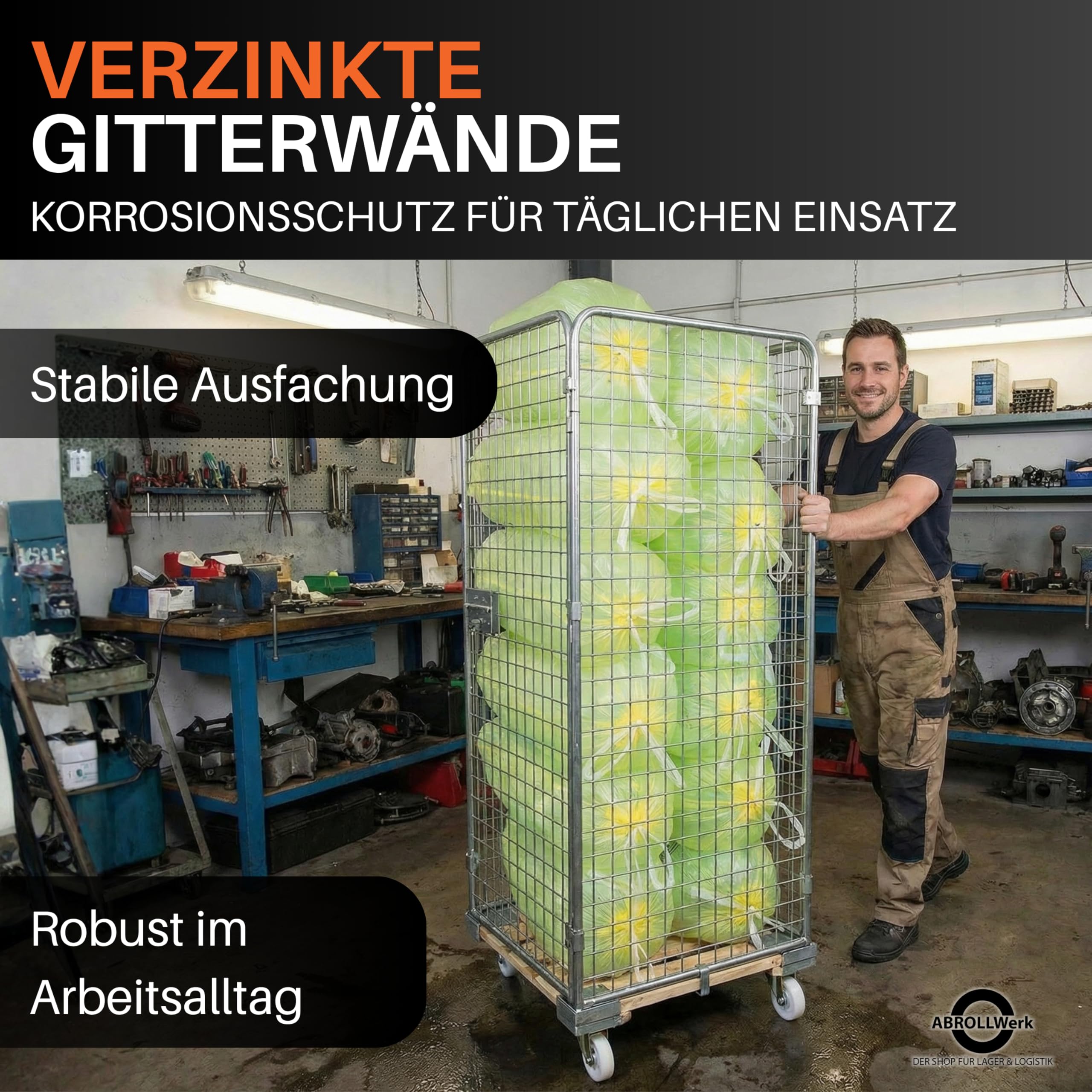 Drahtgitterbehälter mit Holz-Rollplatte – 4-seitiger Gitterwagen mit 1585 mm Nutzhöhe – Robuster Rollbehälter für Lager & Logistik – Transportwagen verzinkt – Materialcontainer mobil
