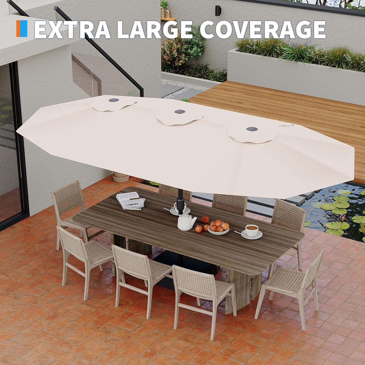 PeakPursuit Double-Sided Patio Market Umbrella, 15Ft Large Outdoor Umbrella with Base Included, Double-Topped Outdoor Umbrellas for Poolside Lawn Backyard