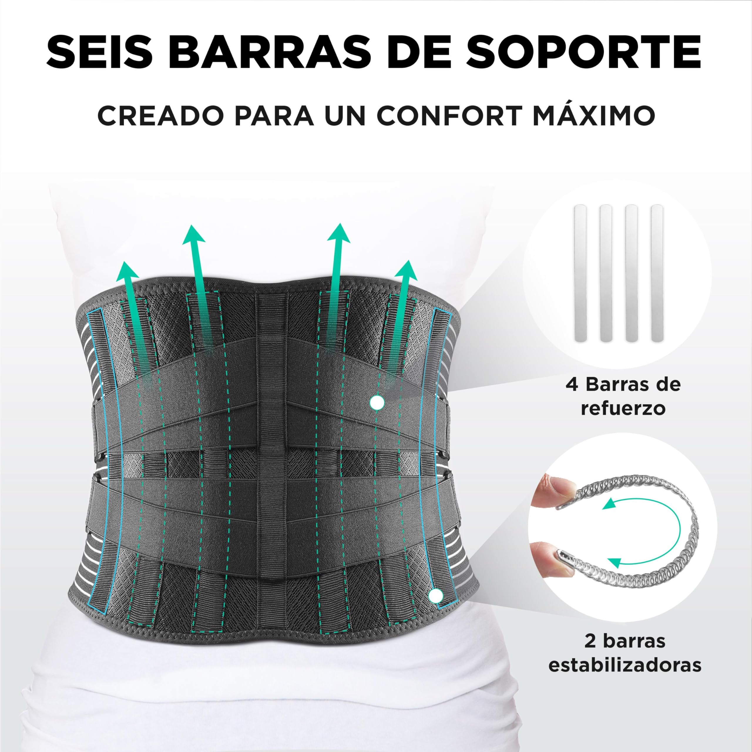Faja Lumbar para Hombre y Mujer - Faja Lumbar Trabajo Transpirable - Estabiliza y ofrece Apoyo con 6 varillas de soporte - Cinturón Lumbar con Doble Ajuste - Gratis Bolsa de Transporte