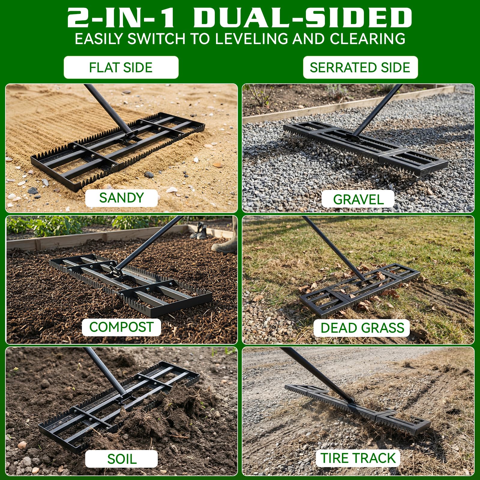 Housolution Rastrillo Nivelatore di Prato 32"x10" con Bordo Seghettato & Piatto Liscio, Rastrillo Nivelatore in Acciaio Inossidabile Resistente, Manico Regolabile 72", per Suolo/Terra/Composta/Erba Mo