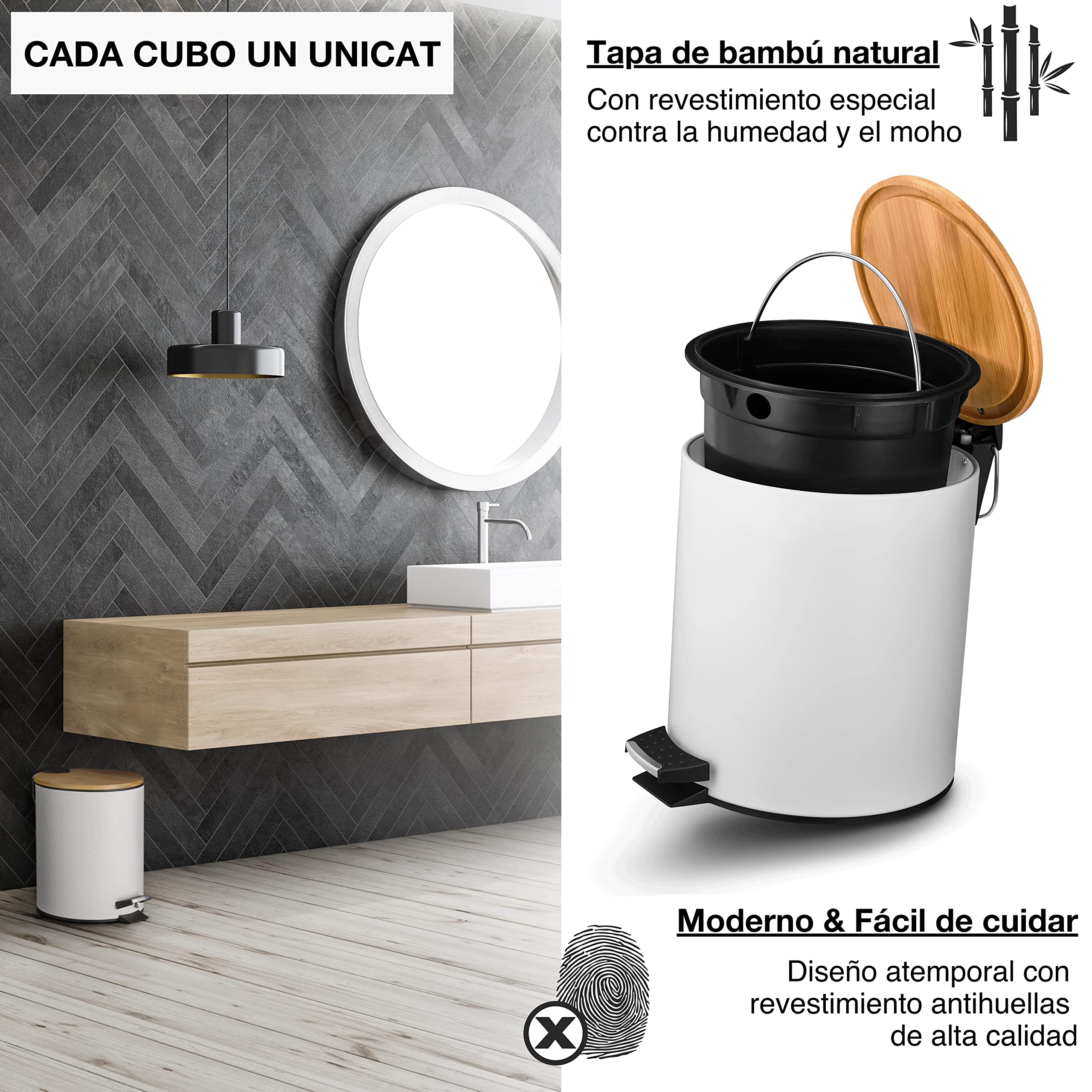 VMbathrooms Papelera baño de 5L en noble diseño blanco | Cubo de baño con cierre suave | Elegante cubo para el baño con contenedor interior y tapa de madera de bambú | + E-Book Gratis