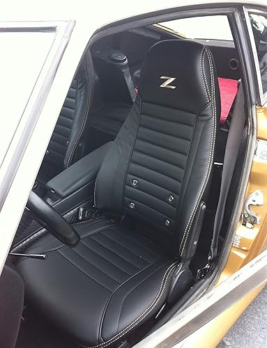 Miniatura 3 de Interior Innovations 240Z/260Z/280Z Fundas de asiento de cuero sintético delanteras personalizadas con costuras doradas claras y logotipo de Z