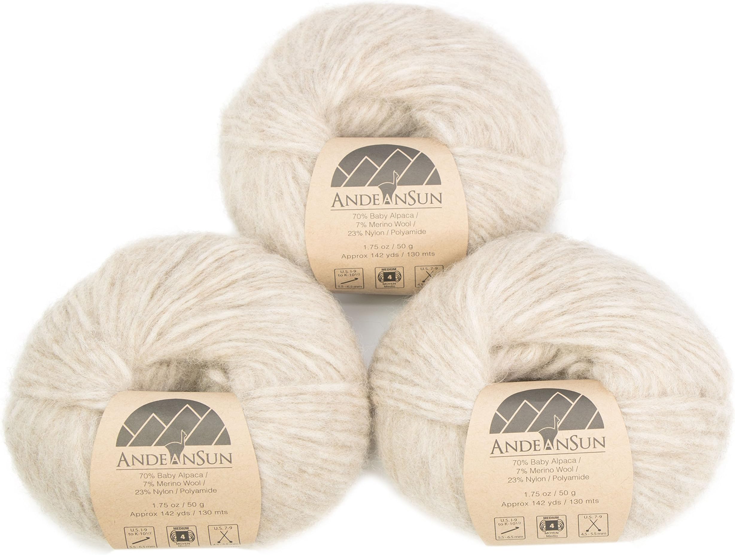 (Set of 3) Baby Alpaca Merino Wool Yarn [426 Yards Total] Oatmeal, #4 Worsted